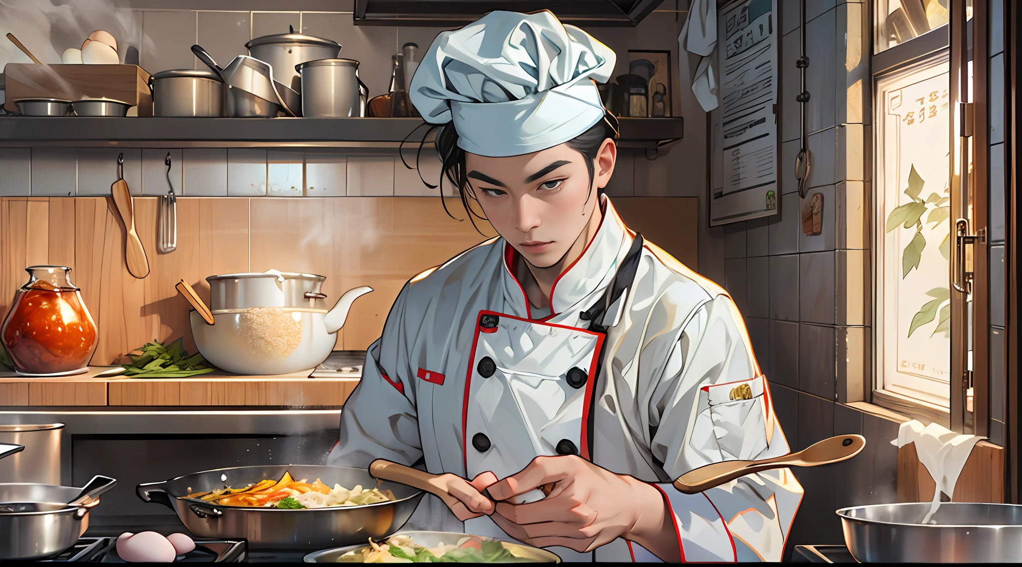 A young man dressed in a chef's costume stands in the kitchen,Stir-fry spoon in hand,Look intently at the ingredients in the pot。There was heat on the oil pan,The golden chicken fat is scooped into the pan,Make a sizzling sound。The rice is skillfully poured into the pan,The egg solidifies quickly on the surface。The whole scene is full of excitement and food。 ,32k uhd, best quality, masterpiece, super detail, high details