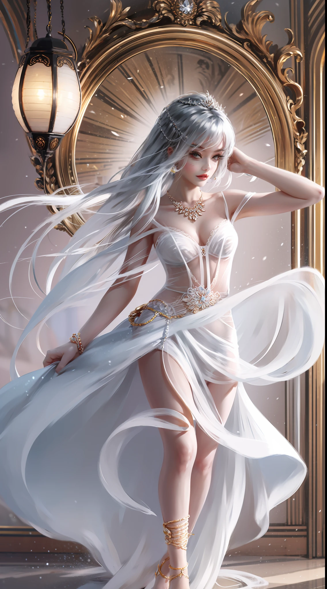 HighestQuali,CG,8K,woman,long whitr hair,trinkets,Anklets,Dancer,White color hair,white  skirt,lanterns