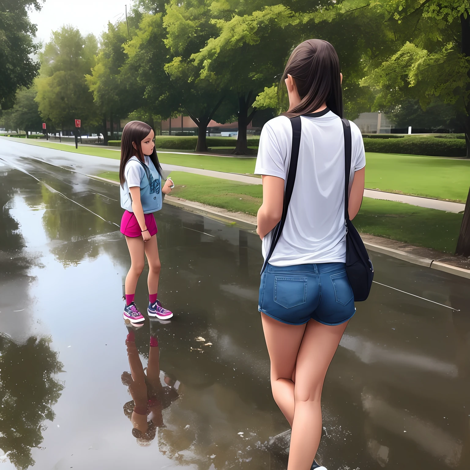 teenage girl in short shorts in public peeing herself with a puddle underneath --auto
