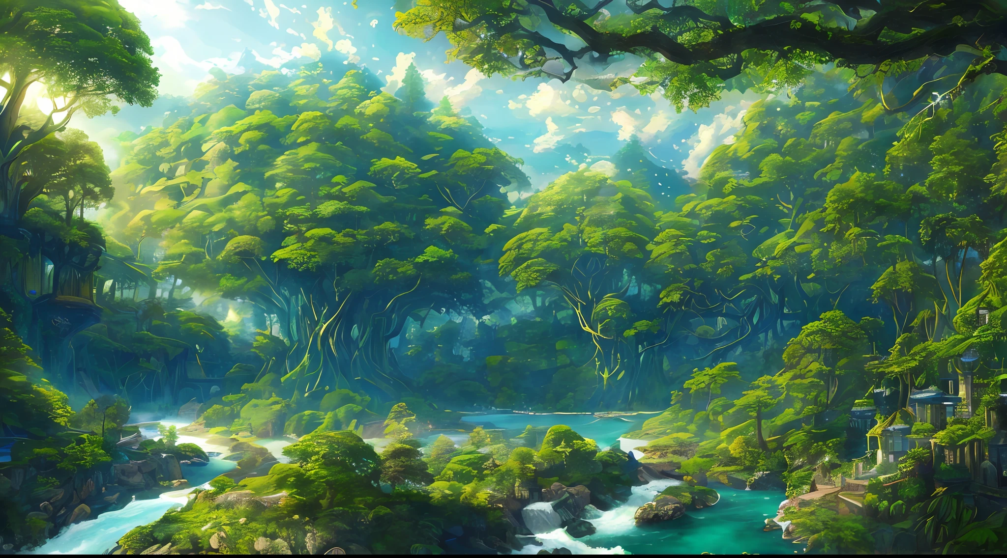 A surrealist one、Including a huge basketball court、Very detailed and magical lighting、Intricate forest details、Vegetation and surrounding rivers、Solar punk、scenecy、giant tree、Beautiful green leaves、Beautiful lighting and realistic proportions,As if it were a movie backdrop,8k,HighestQuali,tmasterpiece,Clouds and stars in the sky。
