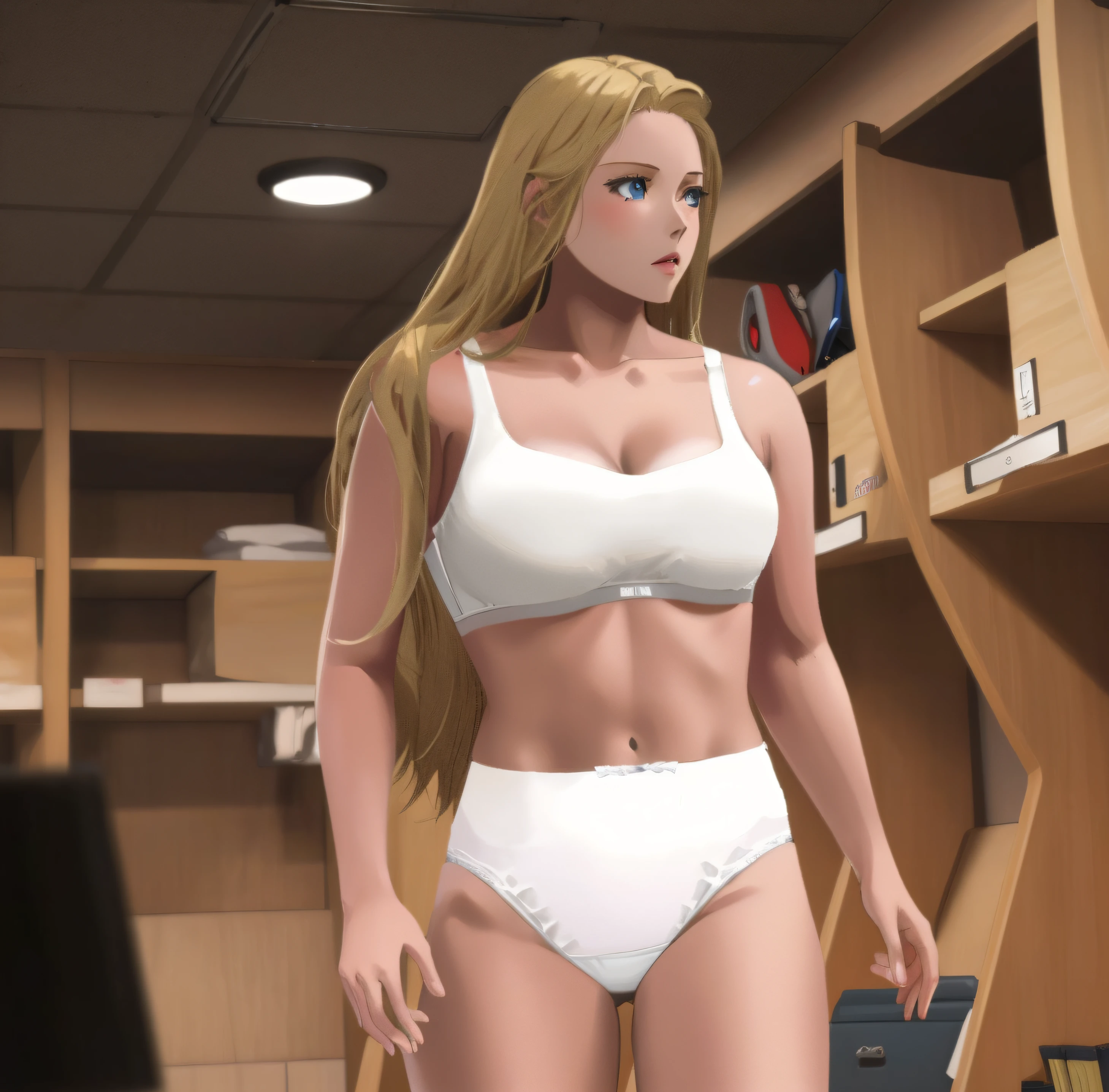 ((masterpiece, best quality)), Buff blonde Norwegian woman in white bra and white cotton panties, standing in a locker room, anime art style, intricate details