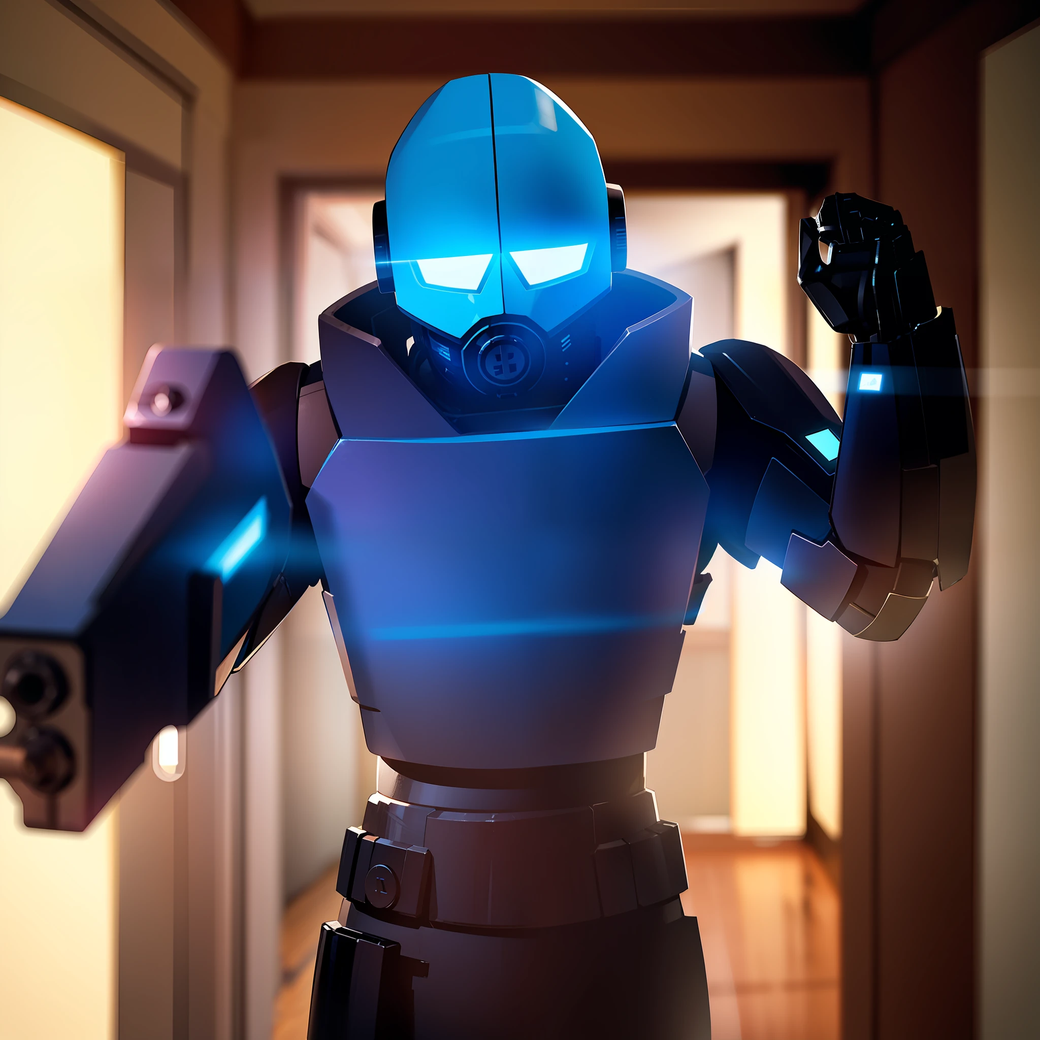 inside in room, Glowing blue eyes, Equipped with modern armor, Hold and aim an energy rifle, (Close-up Shot Shot), sci fi background， 4k hd，Equipped with a modern bulletproof vest，(Dim light)，((1 man))，Equipped with a modern helmet。