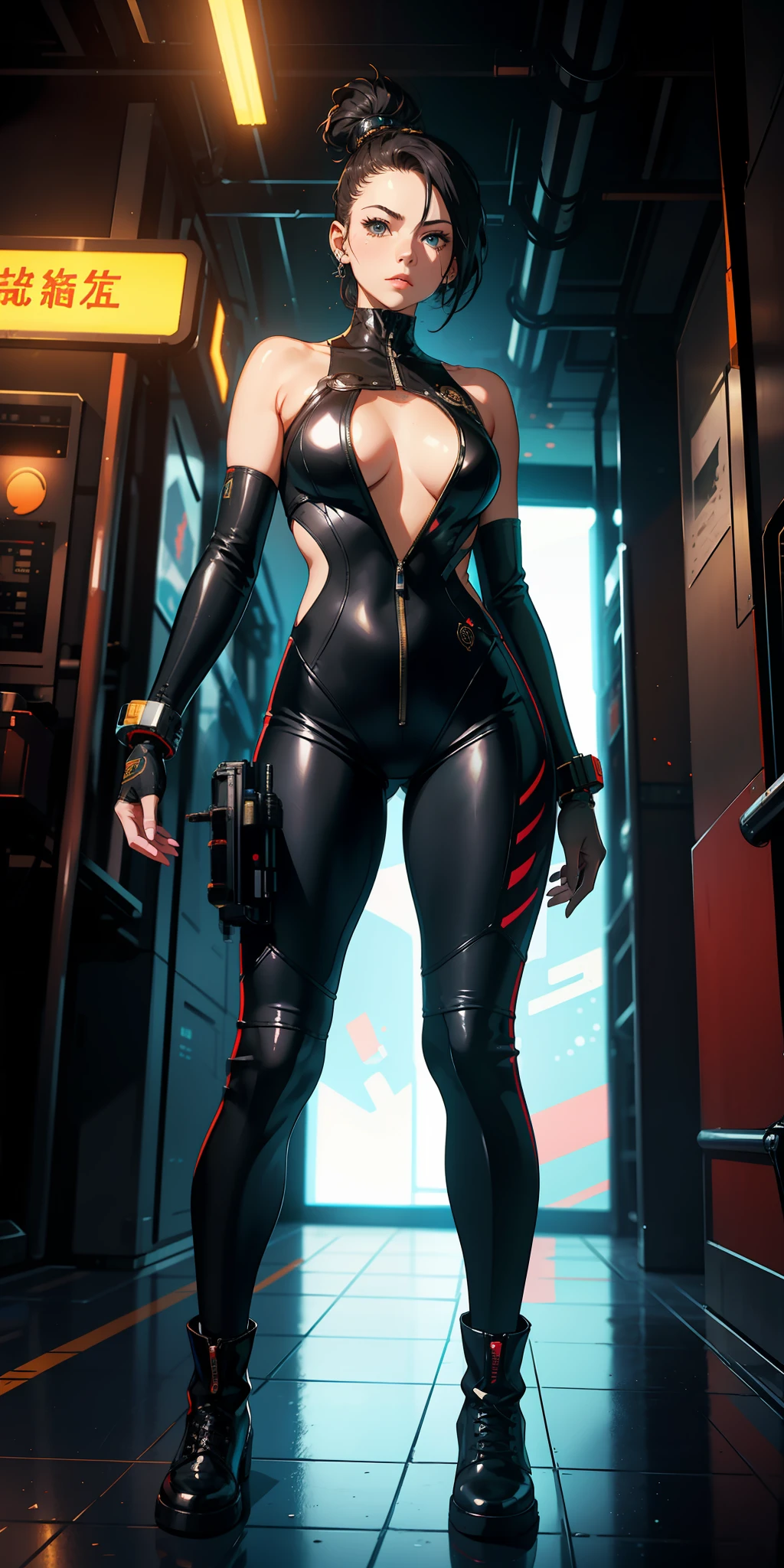 1girll, future warrior，cabelos preto e longos，flowy，crisp breasts，Toned Thighs，Tattooed with，Chest bumps，Wears a black combat instrument on his head，Black tight-fitting one-piece leather suit all over，Black boots，There are round metal rings at the wrists and ankles，epcot，cyberpunk building，Detailed background，Clothing details，perfectly proportioned, Cinematic lighting, filmgrain, Fuji colors, lightand shade contrast, 8K, 巨作, Textured skin, Super detail, high detal, high qulity, A high resolution,