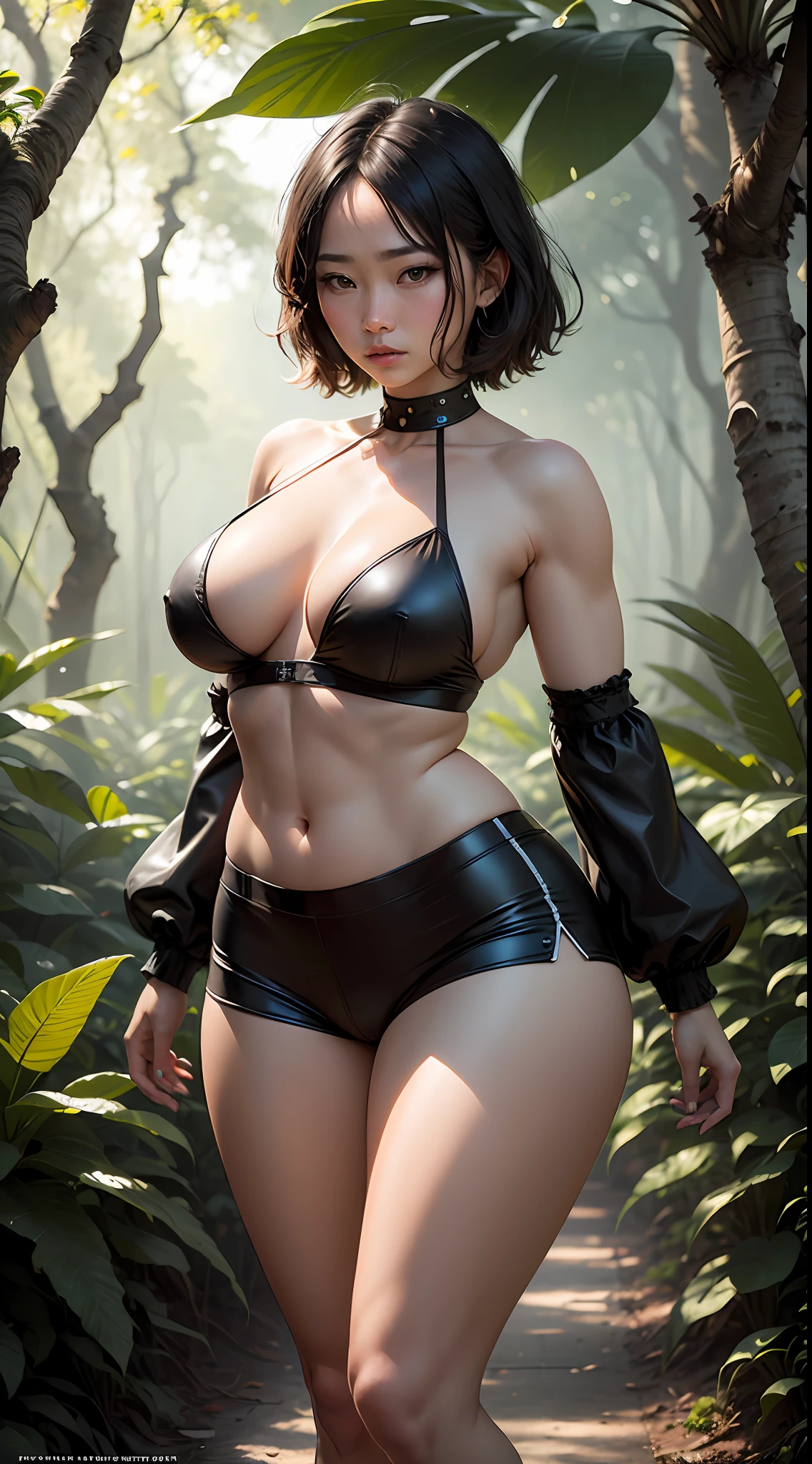 （Lora style：1.3），Beautiful sexy asian girl，short detailed hair，Extremely detailed picture quality，Movie lighting，（Best quality），（Best Masterpiece），（Photography Award），（8k wallpaper），Extremely detailed anatomy of the body，Very detailed depiction of the face，tight costume，（Delicate skin：1.8），（ass big：1.8）；（Full breasts：1.8），（obvious muscle lines：1.5），（Red and black spacer shorts：1.8），（Complete hands），Plump buttocks，Thighs exposed，Upper chest exposed，（tropical jungle：2.0），（Dense jungle），（oases），（giant and wet trees），（The vista has hidden monsters），（Adventure movie theme），Full body appearance