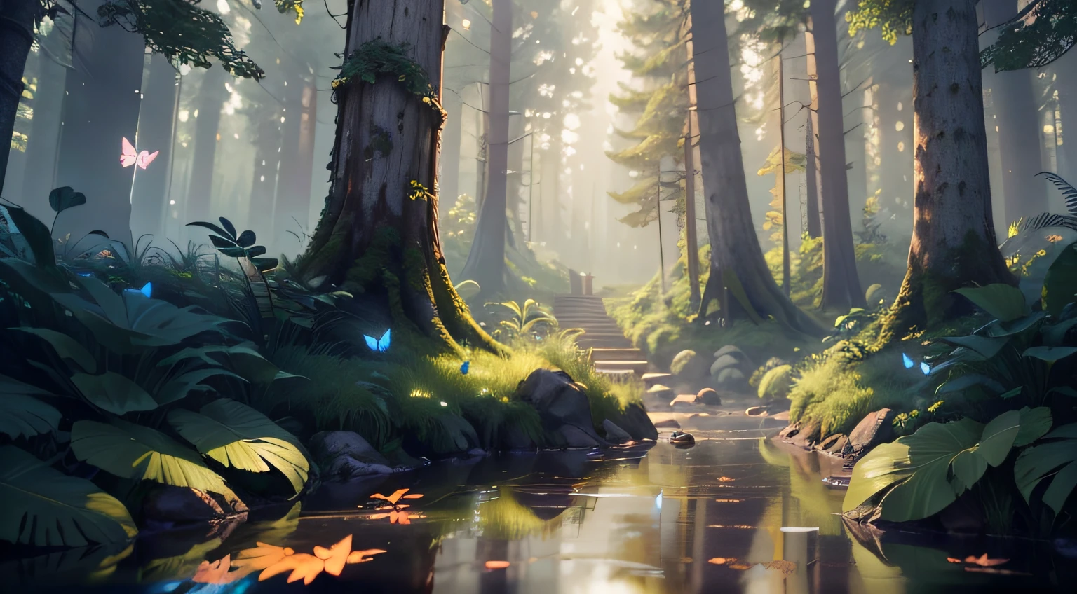 A masterpiece, the best quality, stunning reflections, the best reflections ever. (very detailed CG unity 8k wallpapers), (best quality), (best illustrations), (best shadows), forest theme with natural elements. Tall trees, quiet streams, small glowing mushrooms surrounded by delicate leaves and branches, with fireflies and glowing particle effects,, (natural elements), (jungle theme), (leaves), (twigs), (fireflies), butterflies, (delicate leaves), (glow), (particle effects). , Isometric 3D, Octane Rendering, Ray Traced, Super Detailed --auto