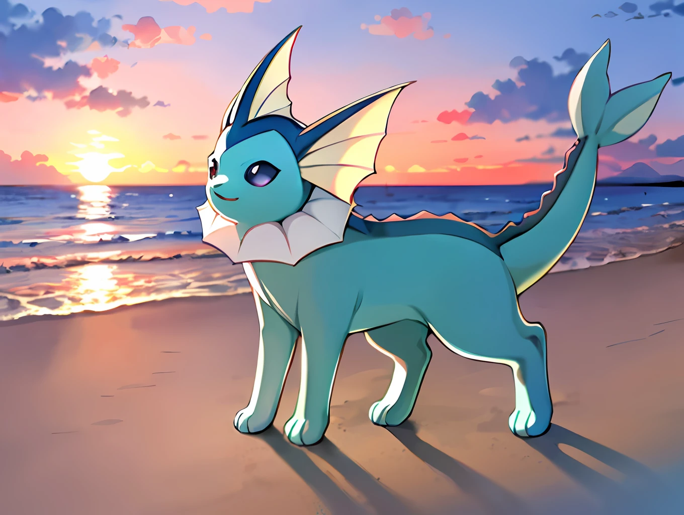 Vaporeon, (solo)+, correct tail, standing, on all fours, beach, near water, sunset, looking at sunset