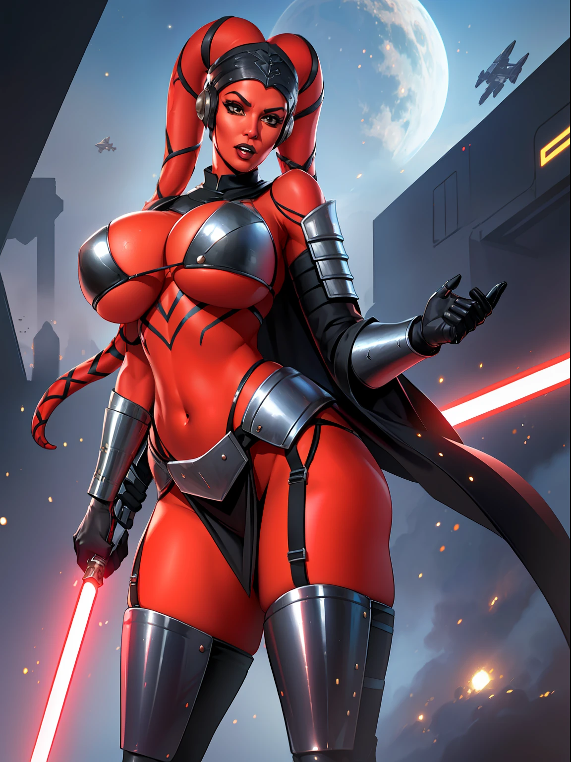 armor, busty, gigantic boobs, ((red skin), twi'lek), dual red lightsabers, evil space knight, space ninja, (wearing black robes, black stealth armor, breastplate, tunic, tabard, cowl, cloak, body glove, straps, buckles, skirts, long sleeves, fantasy, ((armor))), ((busty), slender body, thin, slim sexy body, slim waist, long legs, toned legs, (((gigantic breasts)))), Imperial starship, Star Wars,