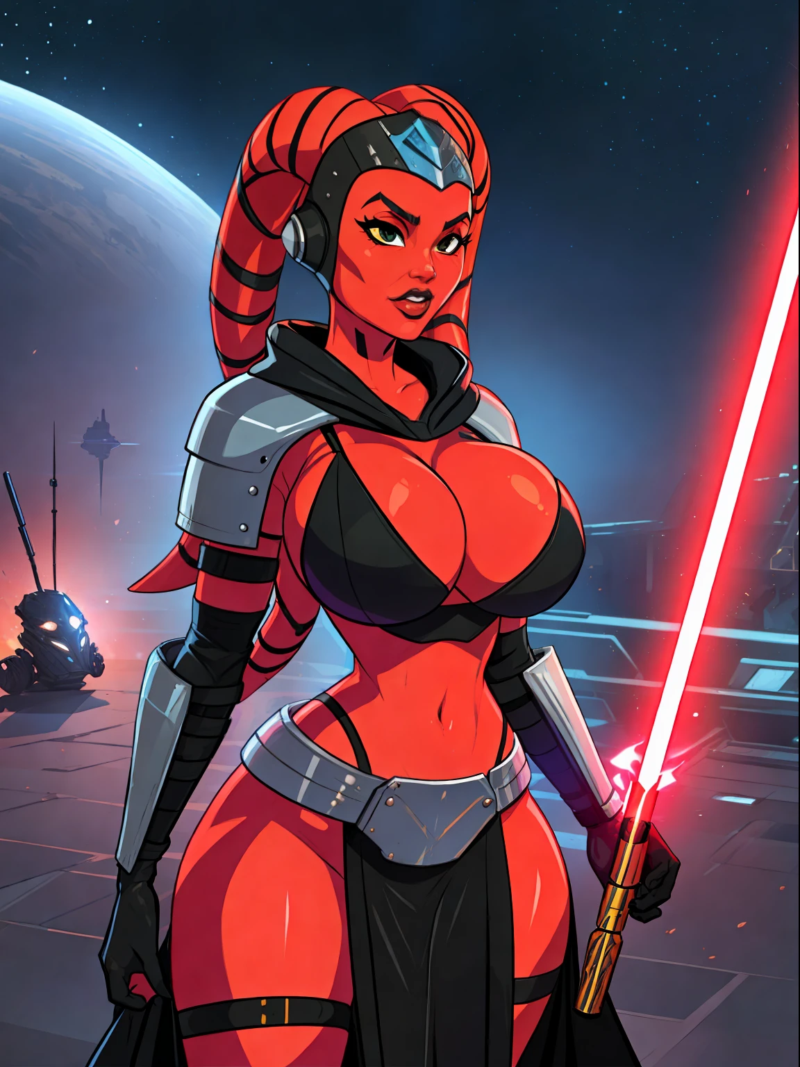 armor, busty, gigantic boobs, ((red skin), twi'lek), dual red lightsabers, evil space knight, space ninja, (wearing black robes, black stealth armor, breastplate, tunic, tabard, cowl, cloak, body glove, straps, buckles, skirts, long sleeves, fantasy, ((armor))), ((busty), slender body, thin, slim sexy body, slim waist, long legs, toned legs, ((gigantic breasts))), Imperial starship, Star Wars,