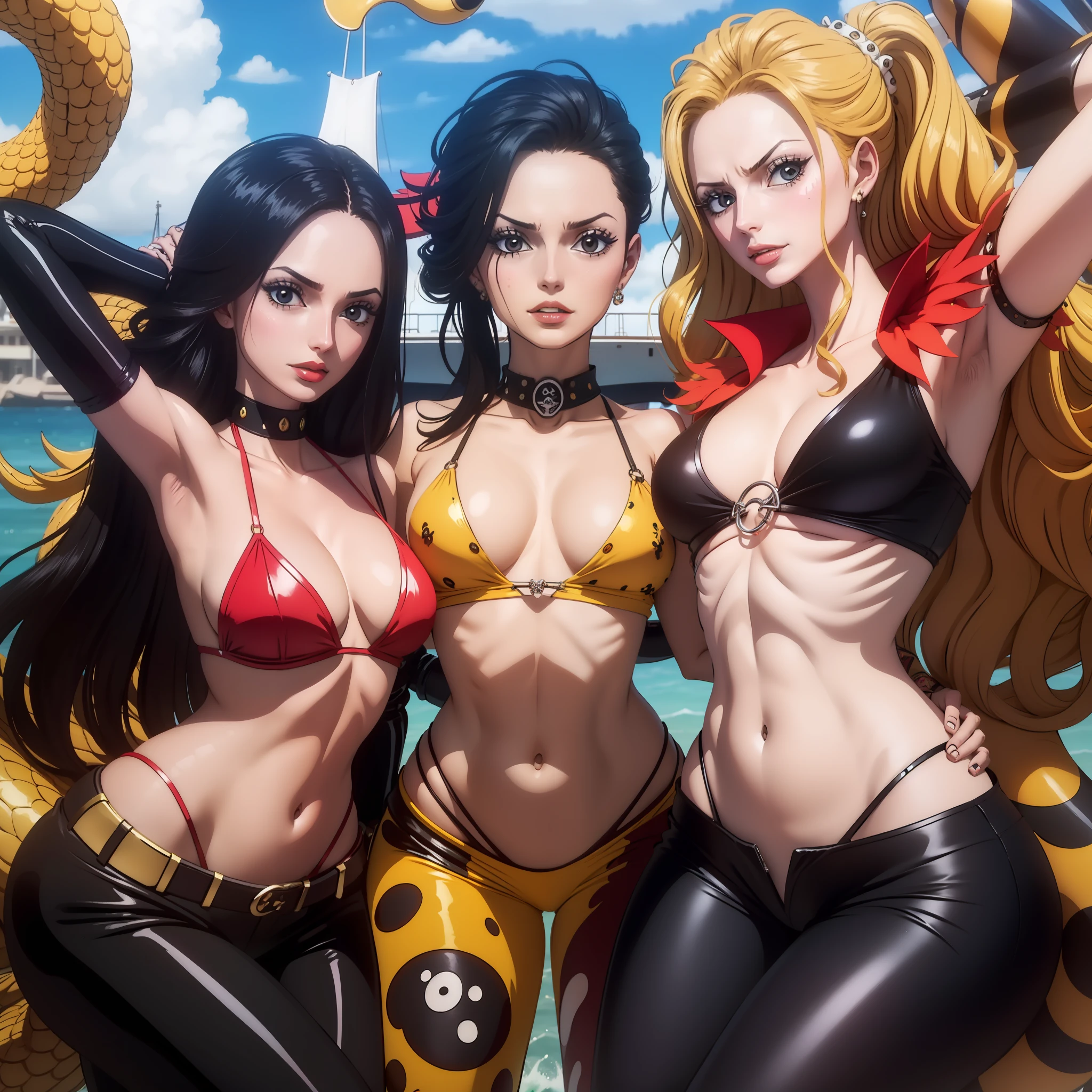 melhor qualidade, mulher de cabelos pretos compridos, Red bikini with yellow snake scales medium , olhos vermelhos brilhantes, cabelo preto, colar, Pose sexy, bk collar high black pants, angry expression with a smile at the corner of his mouth, pose de lado, chapeu de pirata, batom vermelho na boca, majo, dentro de um navio, em alto mar, mar atras, Olhos vermelhos, cabelo comprido pretos, olhos vermelhos brilhantes, pirata, navio de pirata, Pose para foto, com uma katana, encarada mortal, colar, bracelete, usando oculos vermelhos, boa hancok Cobra amarela