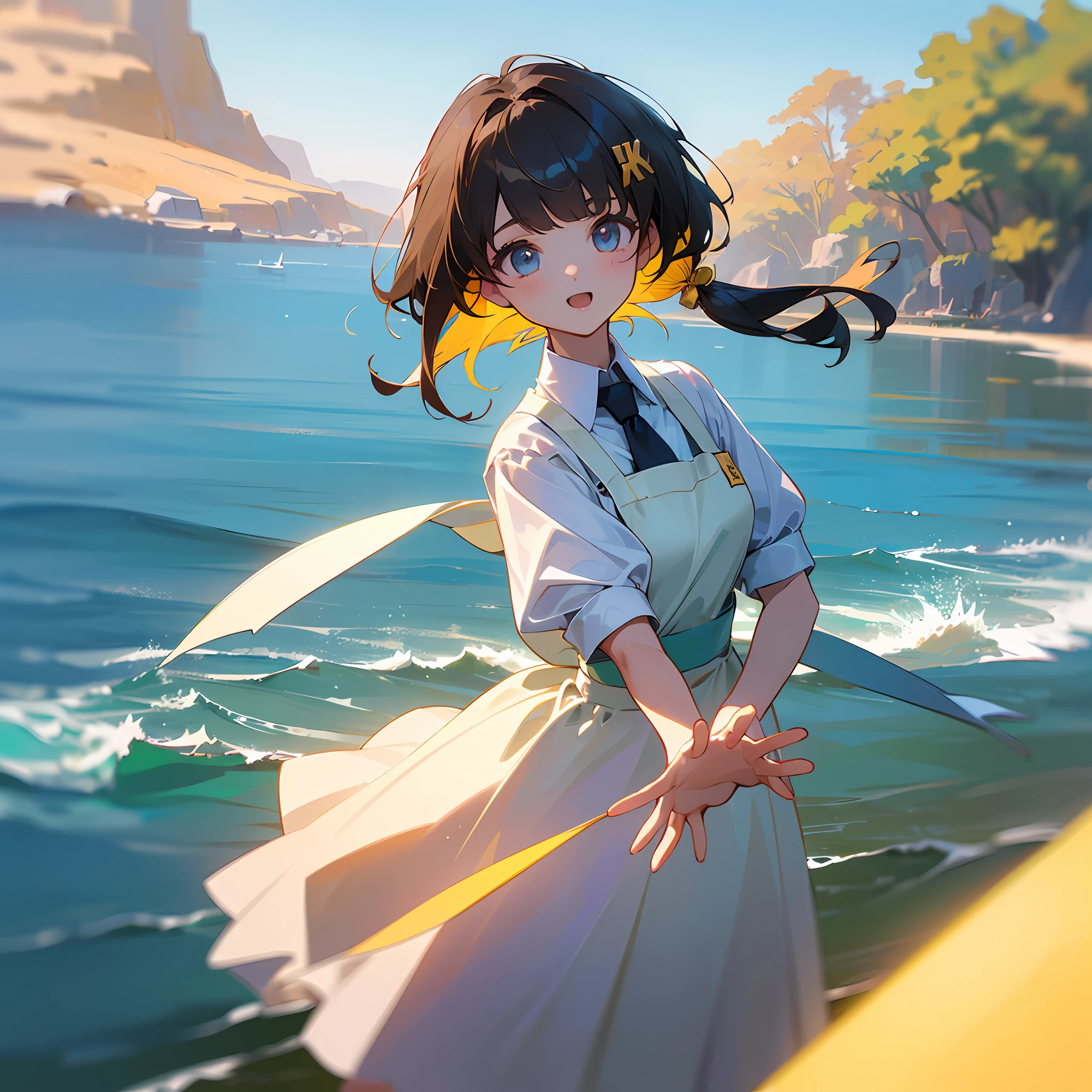 ((top-quality、8K、​masterpiece:1.3))、one girls、A dark-haired、Tie your hair back、poneyTail、Yellow hair ornament、Apron Dresses、In the street、Fold your hands in front of you、Sheer sunlight、Dazzling look、blue-sky、Sea view