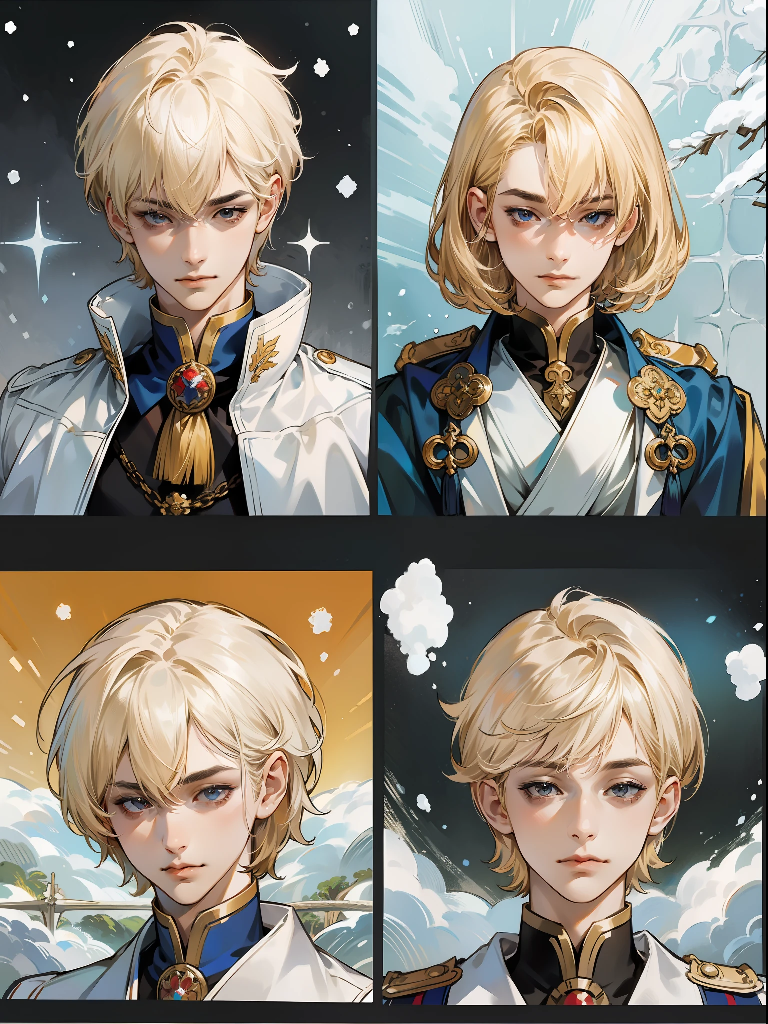 (masterpiece)、(top-quality)、(ultra-detailliert)、(blondehair、short-haired、Long bangs、Bangs on the eyes)、illustratio、male people、One Man、Cool、Adult male、Full body composition、dynamicposes、Fashionable clothing、design concept、design sheet、Unique clothing、prinz、nobles、royalty、(Winters、snow country、blanche), ((No jacket))