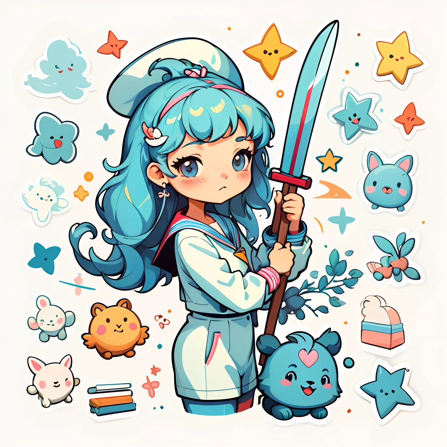 1sticker，a sticker， 校服，（Cute girl），(Cute sailor suit)，（gorgeous hair accessory），（Hairstyles to the shoulders）， white backgrounid， nothing background， simple backgound， dk， adolable， Small， pastel colour， vectorstyle， no gradien