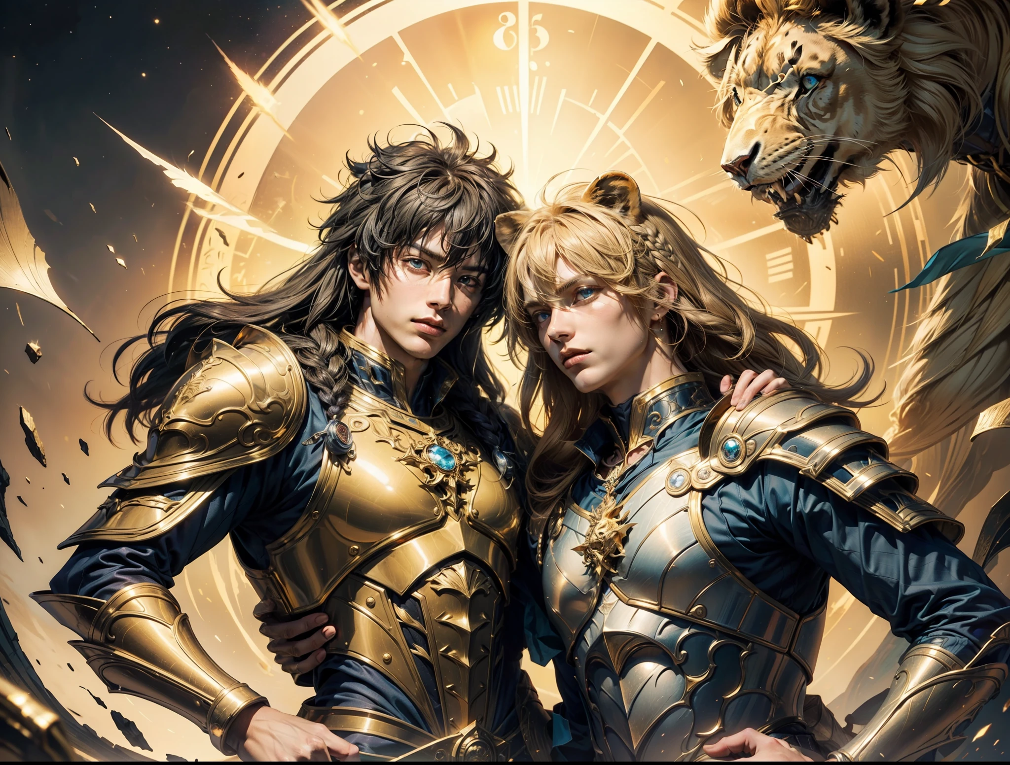 Background with:Magic Golden Leo astrolabe main body:A teenager(Strong,Hokuto Shinken style,Handsome face, Aqua blue eyes, A tuft of bushy blonde hair, A few small braids, By bangs, The skin is smooth and delicate, True and natural to the touch,Wearing gold armor), Next to him lay a male lion, photore, tmasterpiece, ultraclear, Conforms to the anatomy, high detal, high qulity, Colorful, lightand shade contrast, Cinematic lighting effects