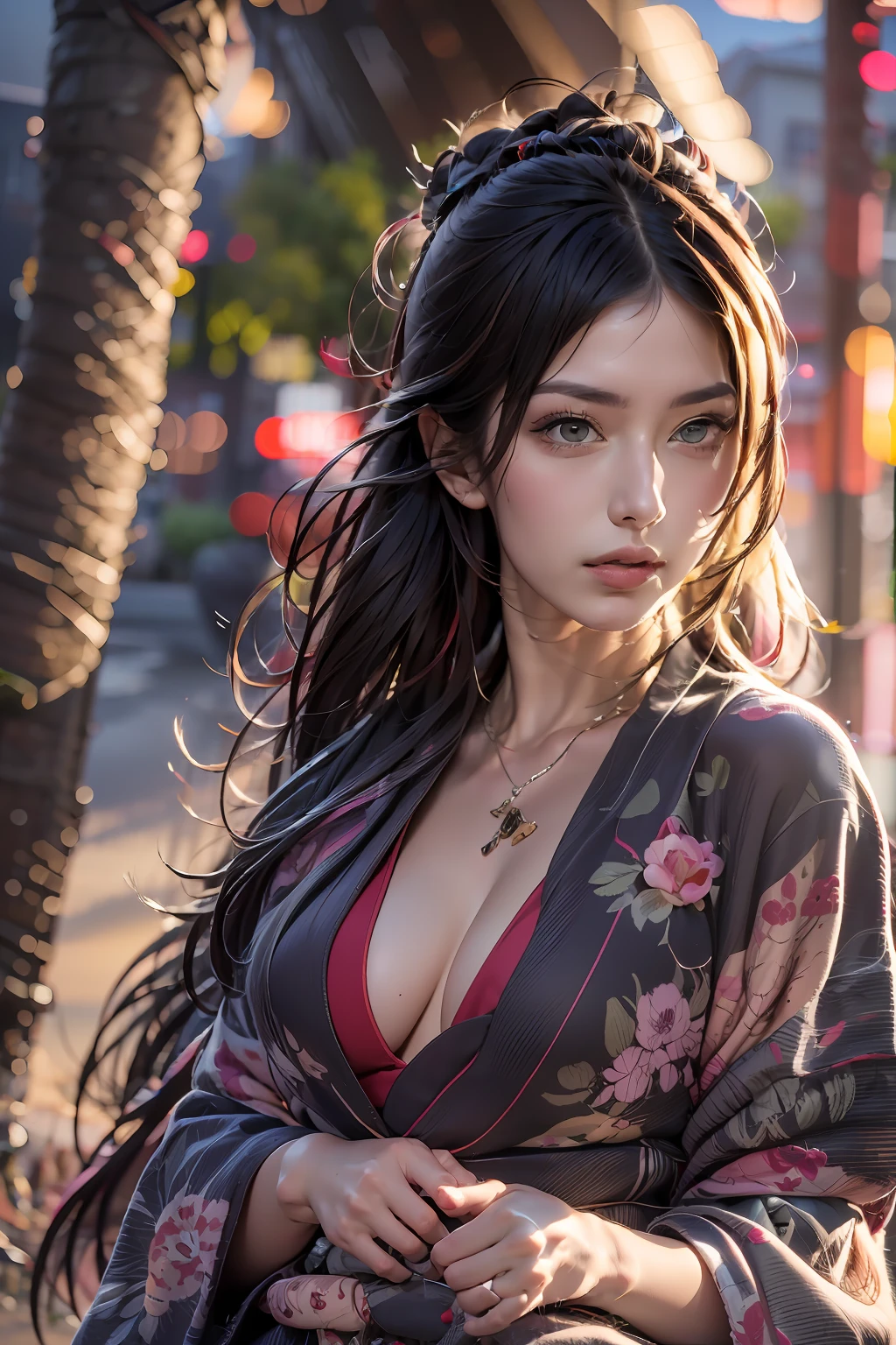 A beautiful geisha, beautiful girl, beautiful woman, perfect goddess, (hyperrealistic, photorealistic: 8K) hot girl, loose flowing hair, oily silky skin (well lit and detailed), hot, big breasts, fleshy lips, big ass, wearing a black kimono bikini sunglasses on the beach, jewelry and bracelets with sexy features (sunny day, perfect lighting)