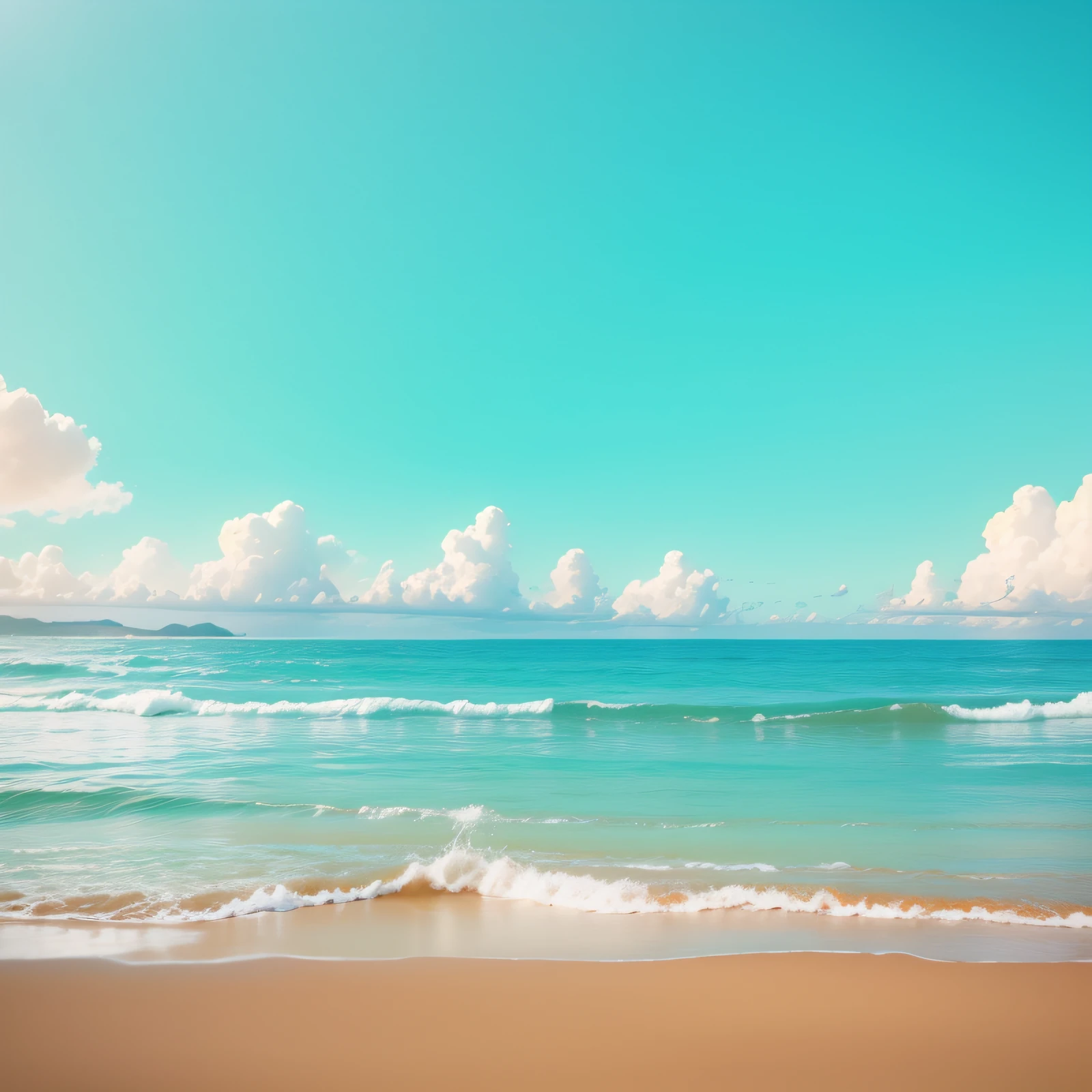 Summer seaside, beach, sunny weather, clear sky, sunny, colorful, happy and happy summer vacation, simple picture, close-up, brilliant sunshine, distant waves, visual impact, 3D DreamWorks style, the perspective is square