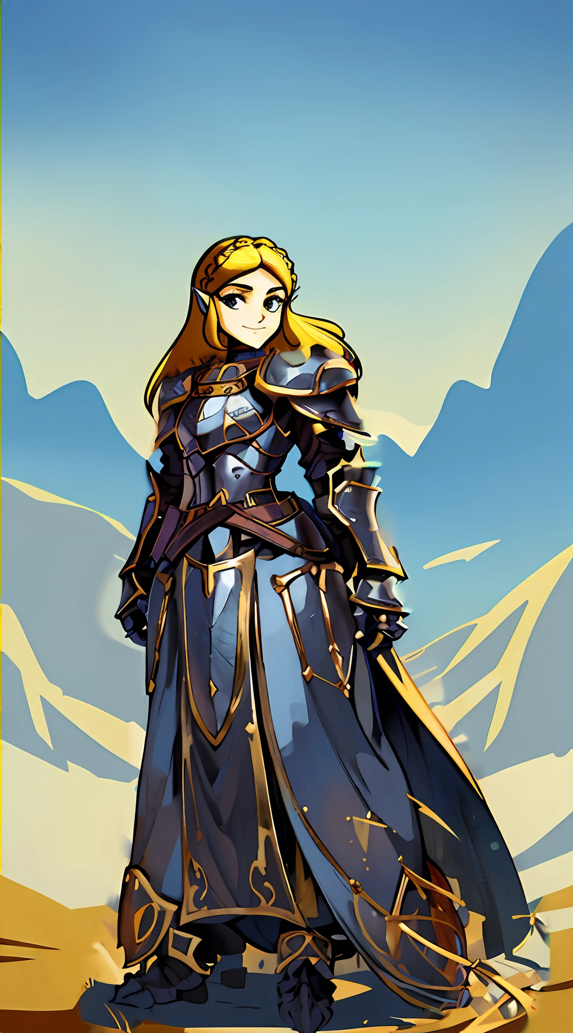 Heavy knight armor, Botw Themed Knight armor, Royal blue and gold armor, thick armor plating, Gold accents with brown straps, brown belt with gold accents, Heavy Blue armor, Armored dress, Large knight armor, form-fitting knight armor
