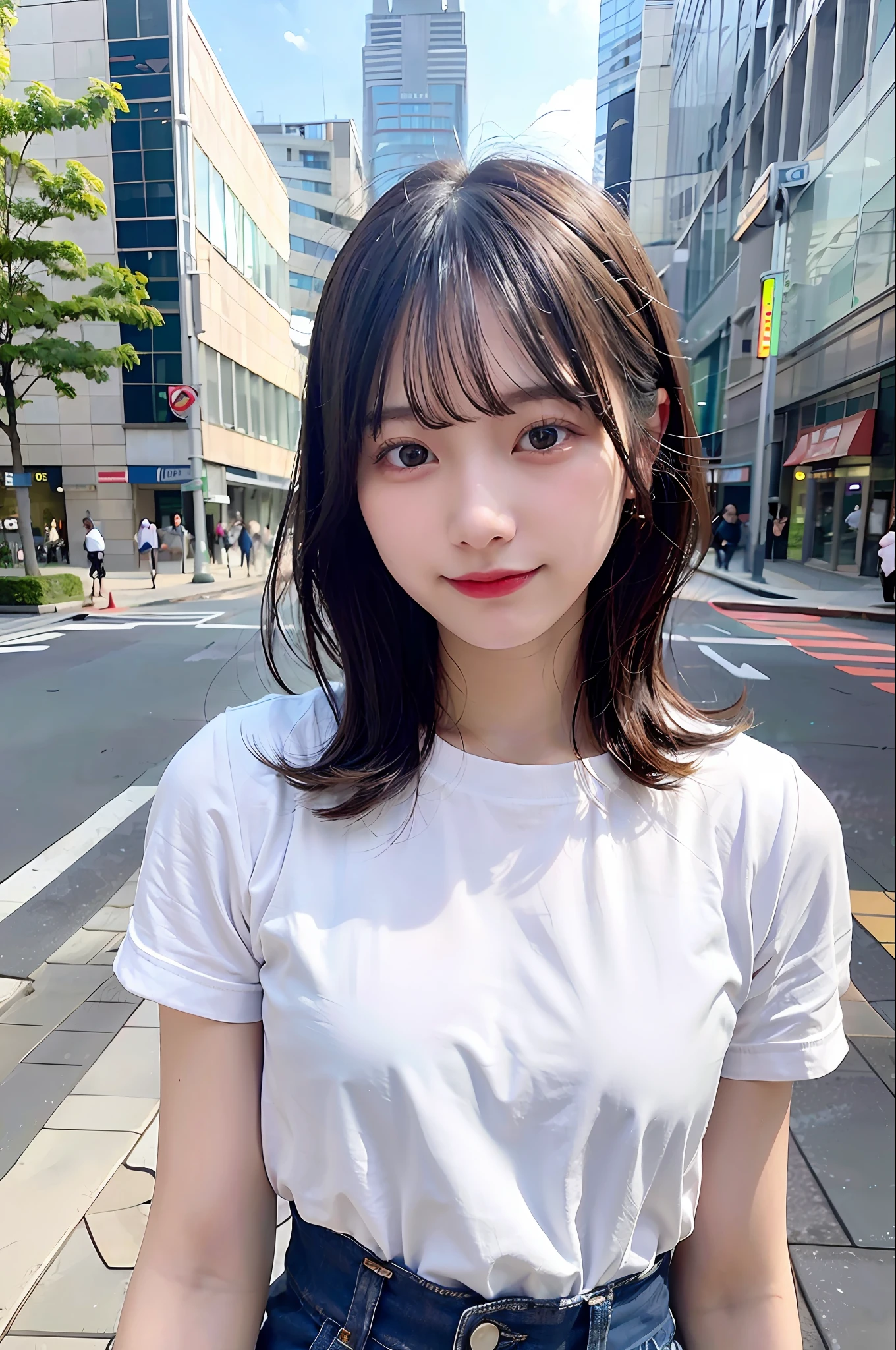 (8k, RAW photo, top quality, masterpiece: 1.2), (realistic, photoreal: 1.37), adult woman 1, Tokyo street, cityscape, daytime, upper body, double eyes, upper eyes, nose muscle, bob hair, loose wavy hair, big, white t-shirt, jeans, fair skin, pink lips, smile, delicate, holding a parasol