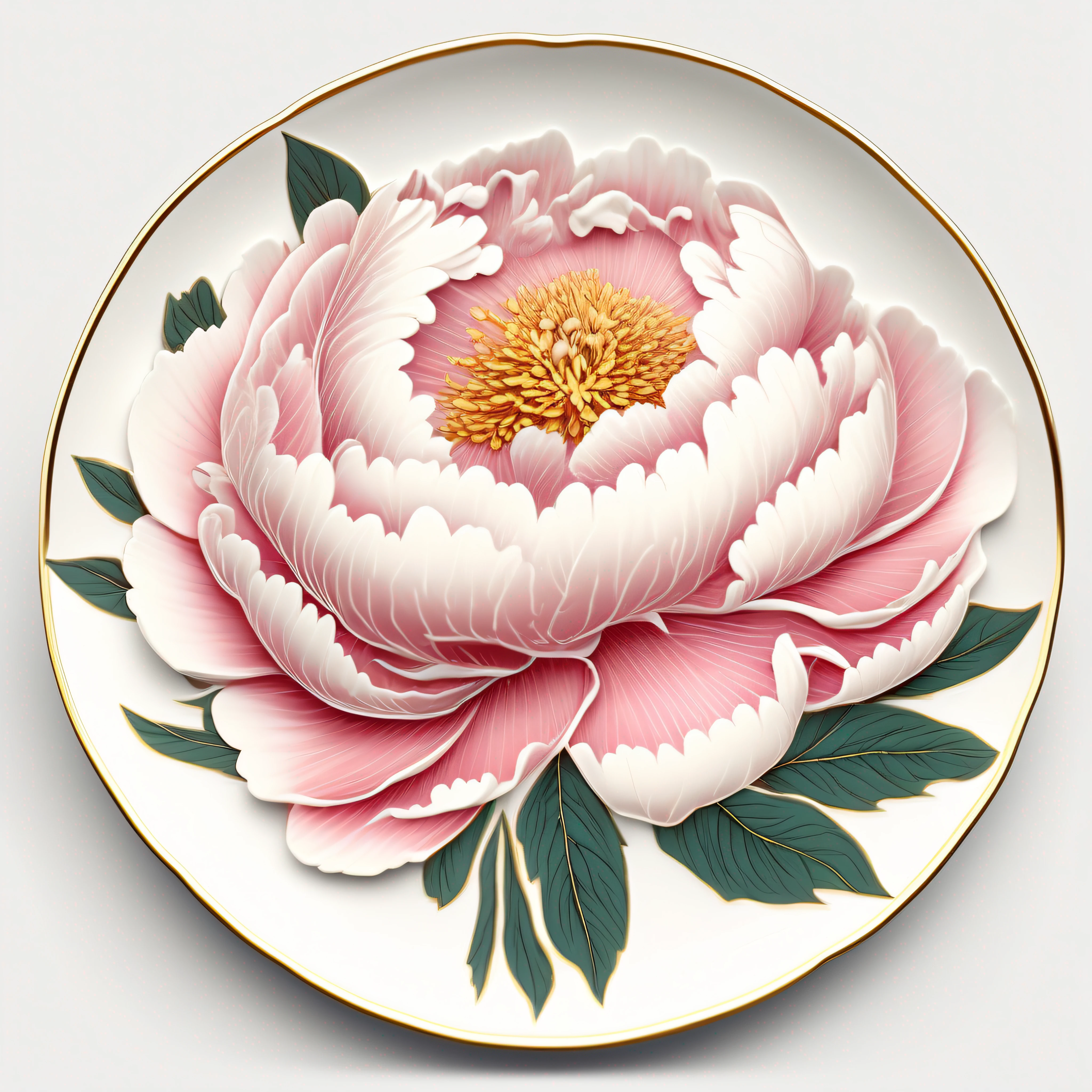 （（top-quality，A plate，8K，Ceramic discs）），illustration，plate,peony flower， 2D diagram,the detail，Graphic illustration，Detailed picture，Gorgeous Phnom Penh，stunning detailed，Details added，beautifuldetails，Fine porcelain，closeup view，Excellent detail，exquisitedetails，Fine porcelain，Beautiful details, Simple and elegant design，thin porcelain，Flat vision，Handmade,ornate gold border, circular design,