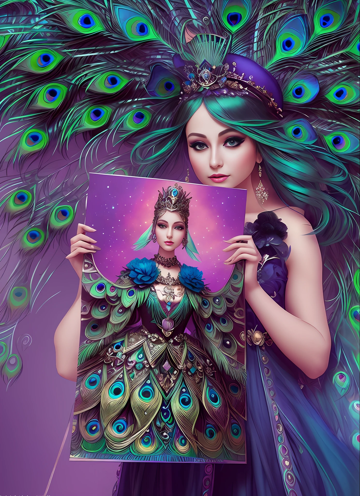 Peacock feathers fly around a woman, holding an image of a doll, a beautiful fantasy empress, 3 d goddess portrait, beautiful digital artwork, beautiful fantasy art portrait, exquisite digital illustration, beautiful fantasy portrait, stunning digital illustration, beautiful digital art, Portrait of the Queen of Dreams, ((a beautiful fantasy empress)), beautiful gorgeous digital art, beautiful digital illustration