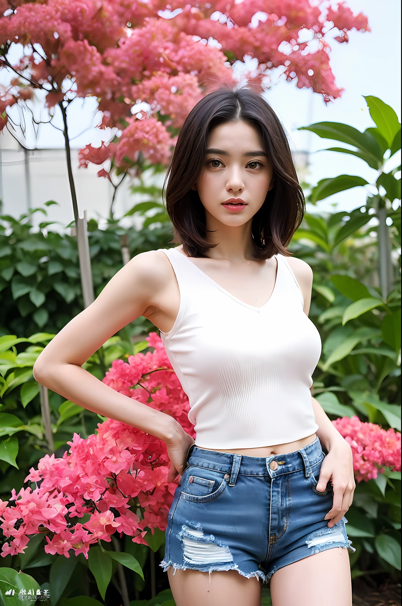 (extra detailed body、extra detailed face、best qualtiy:1.2)、femele、looking at the viewers、(White sleeveless blouse、ripped denim shorts、Ultra short denim shorts)、(pink bougainvillea chaos in the background:1.4)
