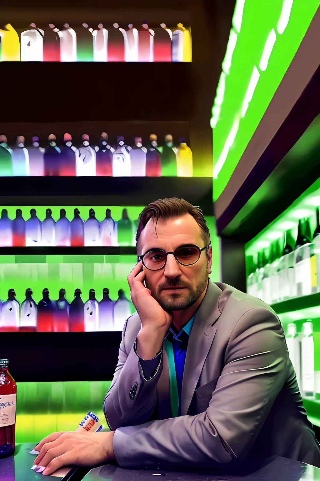 A man, detective in a hard-boiled novel, 42 years old, blonde hair, short cut, grey eyes, v-shaped eyebrows, turned up chin, (head rest), scowl,
(in bar),(Various colored bottles lined up on the counter:1.5),(indirect lighting,bottles),(Lounges, dark bars),(Cocktail:1.2),(bar counter:1.3),(luster),