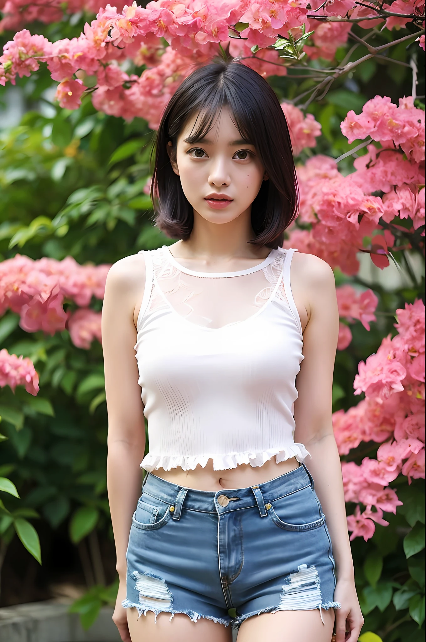 (extra detailed body、extra detailed face、best qualtiy:1.2)、femele、looking at the viewers、(White sleeveless blouse、ripped denim shorts、Ultra short denim shorts)、(pink bougainvillea chaos in the background:1.4)