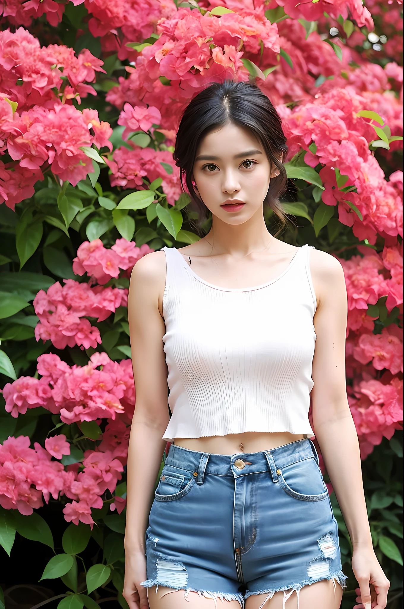 (extra detailed body、extra detailed face、best qualtiy:1.2)、femele、looking at the viewers、(White sleeveless blouse、ripped denim shorts、Ultra short denim shorts)、(pink bougainvillea chaos in the background:1.4)
