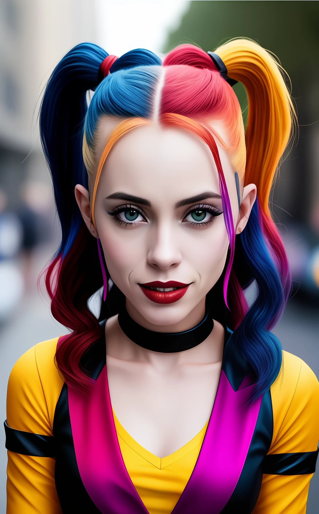 description: Generate an image of Harley Quinn with totally African characteristics, incluindo pele escura, cabelo cacheado e colorido, in a battle setting in a vibrant, action-packed city.
Instructions for generating the image:
1. A Arlequina deve ser representada como uma mulher africana, with dark skin and facial features that reflect the ethnic and cultural diversity of the African continent.
2. Seu cabelo deve ser naturalmente cacheado, com cachos definidos e cheios, e colorido com tons vibrantes, como azul, rosa, verde ou roxo, combinando harmoniosamente com sua pele escura.
3. A Arlequina deve estar vestindo um traje inspirado na personagem original, with a predominance of black and red colors, but with details and elements that value the richness of African cultural traditions.
4. She is to be depicted in a battle setting in a lively city, com elementos urbanos e arquitetura marcante, highlighting the dynamic and energetic environment.
5. Harley Quinn must be wielding a baseball bat with attitude and confidence, demonstrating your courage and combat skills amidst the action scenario.
6. O cabelo cacheado e colorido deve ser um dos destaques da imagem, emphasizing the expression of their unique and authentic identity, as well as reinforcing his endearing personality.
Lembrete: Certifique-se de representar a cultura africana de forma respeitosa e positiva, avoiding stereotypes and cultural appropriation. Celebrate strength, Harley Quinn's resilience and determination, providing inclusive and empowering representation.
Dica: Use sensory descriptions to enrich the image, destacando a textura do cabelo, os detalhes do traje, the determined facial expression and intensity of the battle scene in the vibrant city.
After the image is generated, consider making adjustments or reiterating instructions to ensure an outcome that celebrates African representation and Harley Quinn's strength amidst the action and adventure in the exciting city.