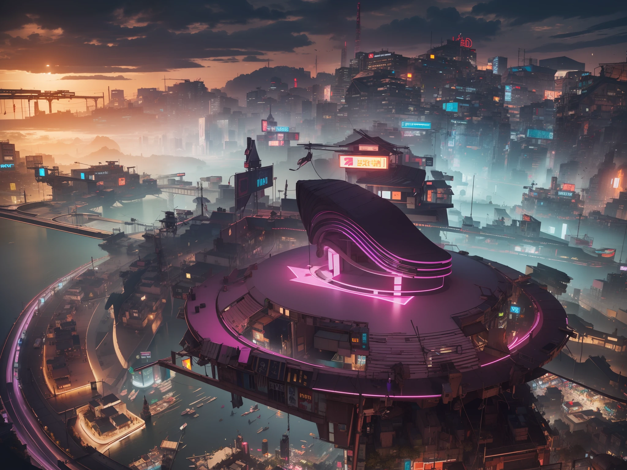 a city cyberpunk, UHD, ultra detailed, violet perple cinematic, highres, Anti Aliasing, FKAA, TXAA, RTX, SSAO