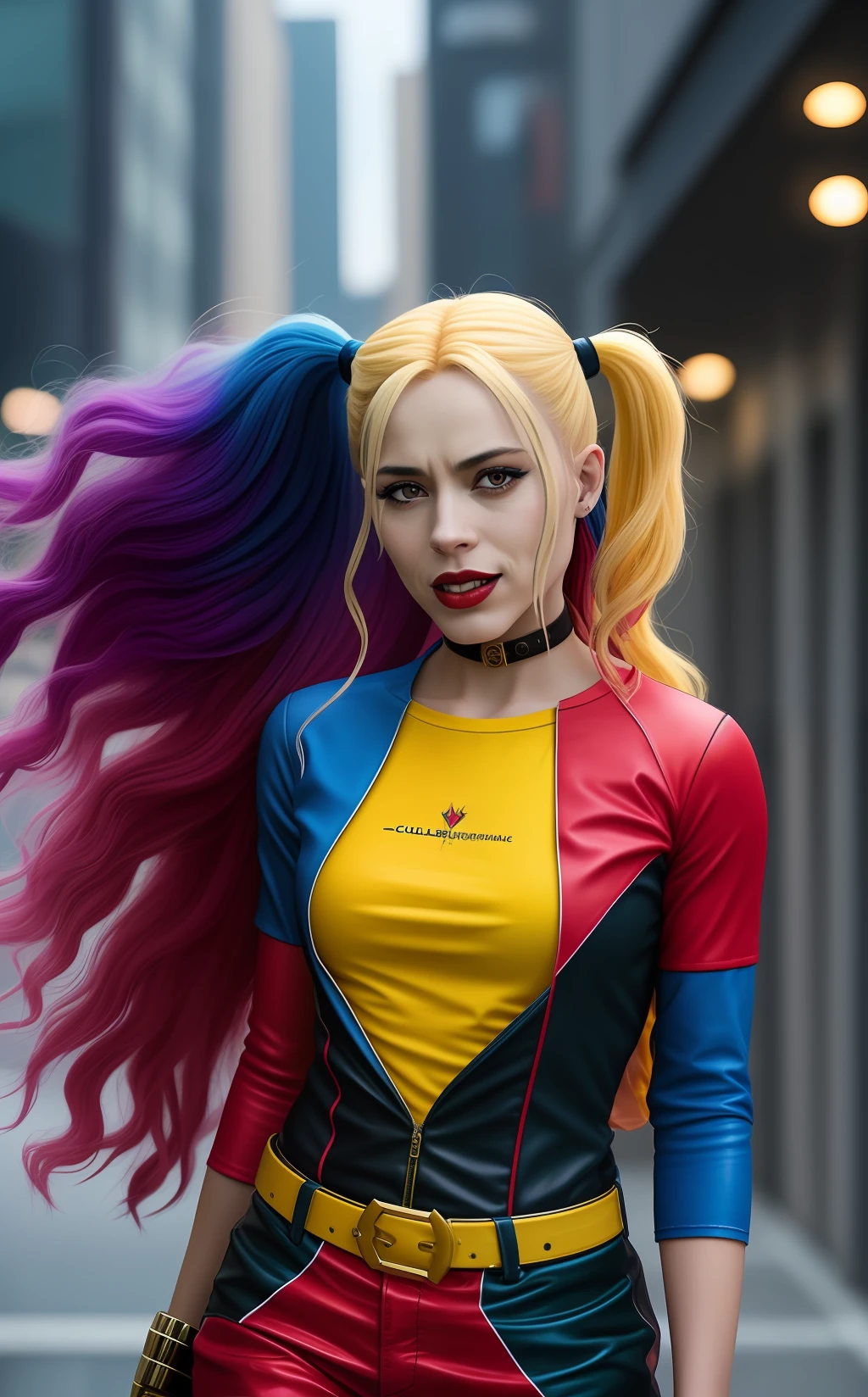 description: Generate an image of Harley Quinn with totally African characteristics, incluindo pele escura, cabelo cacheado e colorido, in a battle setting in a vibrant, action-packed city.
Instructions for generating the image:
1. A Arlequina deve ser representada como uma mulher africana, with dark skin and facial features that reflect the ethnic and cultural diversity of the African continent.
2. Seu cabelo deve ser naturalmente cacheado, com cachos definidos e cheios, e colorido com tons vibrantes, como azul, rosa, verde ou roxo, combinando harmoniosamente com sua pele escura.
3. A Arlequina deve estar vestindo um traje inspirado na personagem original, with a predominance of black and red colors, but with details and elements that value the richness of African cultural traditions.
4. She is to be depicted in a battle setting in a lively city, com elementos urbanos e arquitetura marcante, highlighting the dynamic and energetic environment.
5. Harley Quinn must be wielding a baseball bat with attitude and confidence, demonstrating your courage and combat skills amidst the action scenario.
6. O cabelo cacheado e colorido deve ser um dos destaques da imagem, emphasizing the expression of their unique and authentic identity, as well as reinforcing his endearing personality.
Lembrete: Certifique-se de representar a cultura africana de forma respeitosa e positiva, avoiding stereotypes and cultural appropriation. Celebrate strength, Harley Quinn's resilience and determination, providing inclusive and empowering representation.
Dica: Use sensory descriptions to enrich the image, destacando a textura do cabelo, os detalhes do traje, the determined facial expression and intensity of the battle scene in the vibrant city.
After the image is generated, consider making adjustments or reiterating instructions to ensure an outcome that celebrates African representation and Harley Quinn's strength amidst the action and adventure in the exciting city.