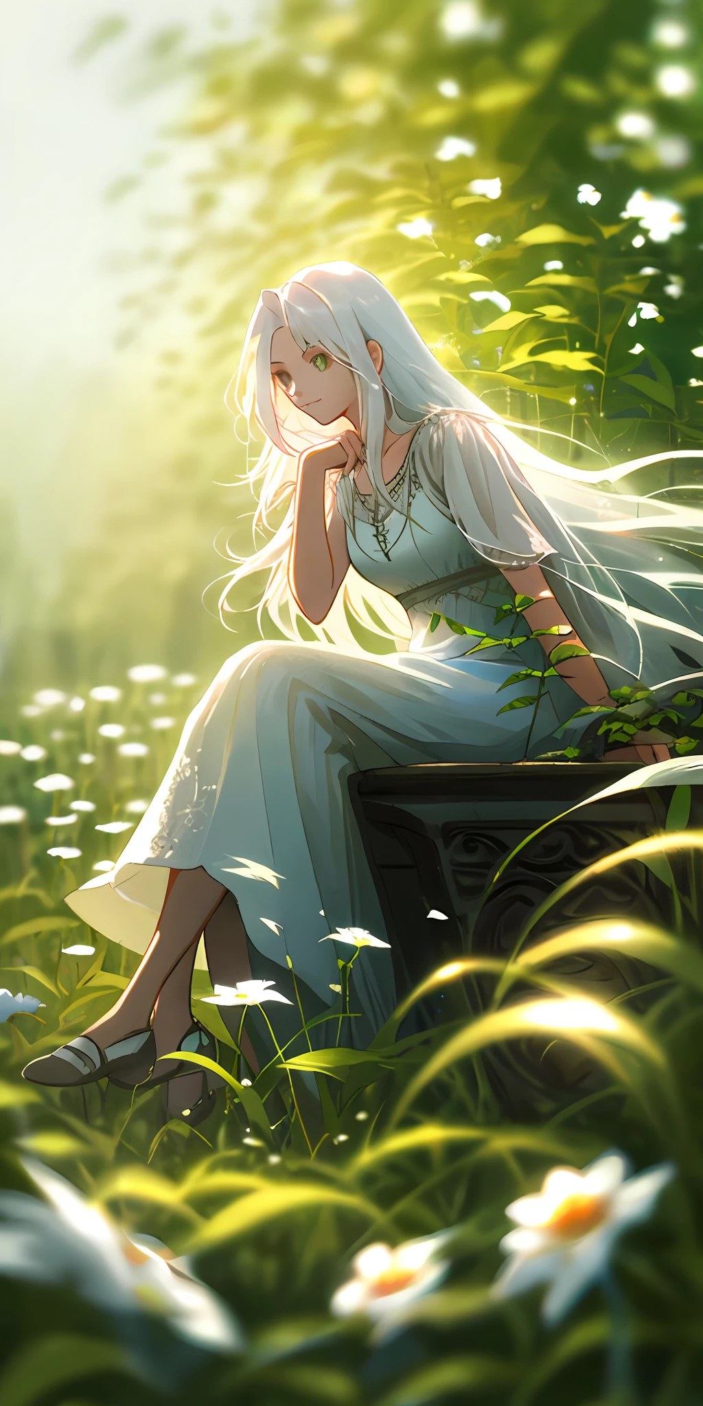 (masterpiece, best quality),1girl with long white hair sitting in a field of green plants and flowers, her hand under her chin, warm lighting, white dress, blurry foreground