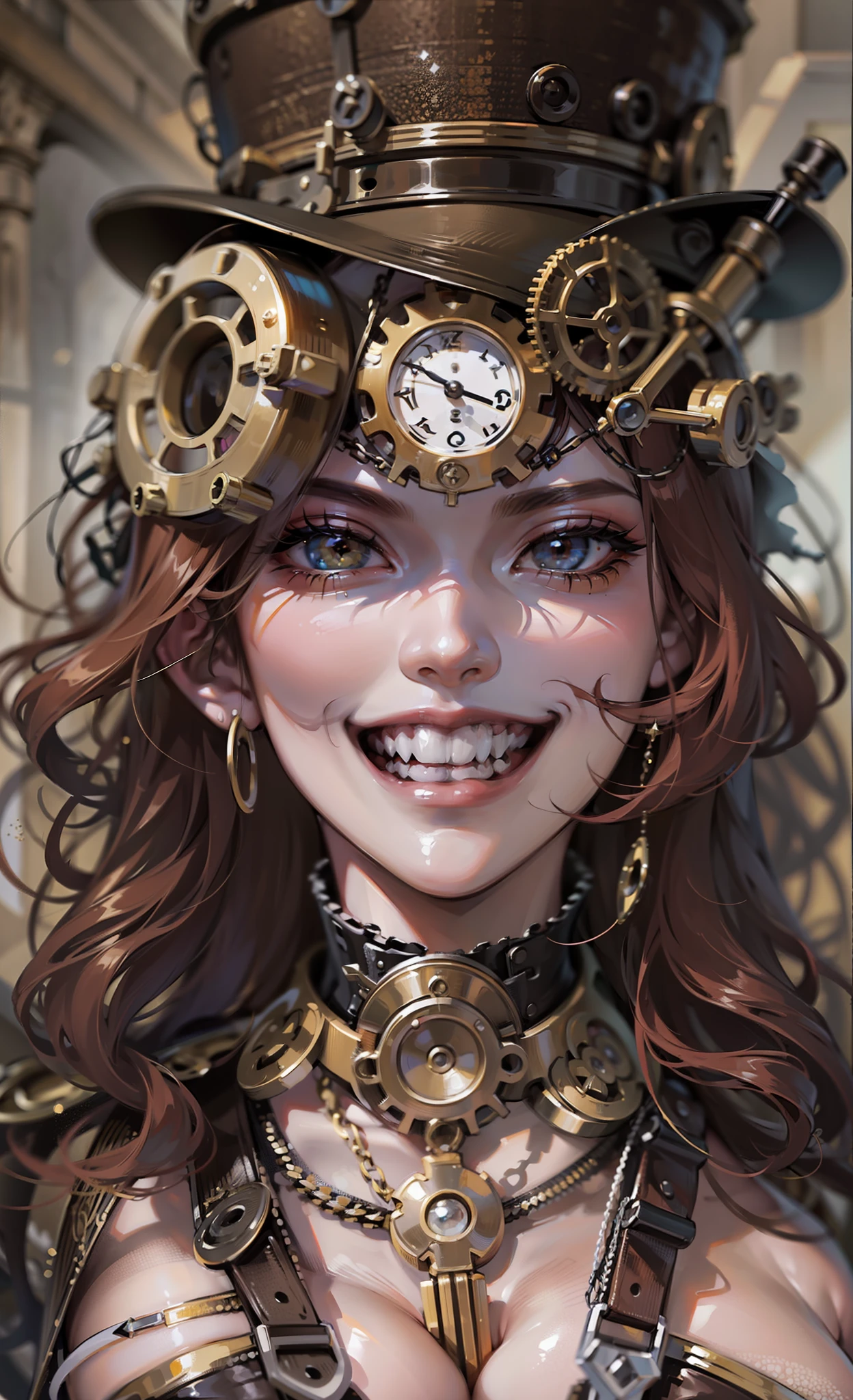 (((steampunk ,sonrisa sensual malvada))), 1 mujer joven sexy, pecho gigantesco, marcado, areola grande marcada, cameltoe marcado, ropa steampunk, pezones marcados,dirigible steampunk, nubes, cabello rayado, cabello negro, reflejo de ojos, maquillaje, boca abierta, sonrisa, alto detalle, gothic art, barroco, desenfoque de movimiento, trazado de rayos, Reflection light, Multiple views, perspectiva, ultra gran angular, obra maestra, Anatomically correct, piel texturizada, Super detail, altos detalles, alta calidad, mejor calidad, altas, 16k, HD