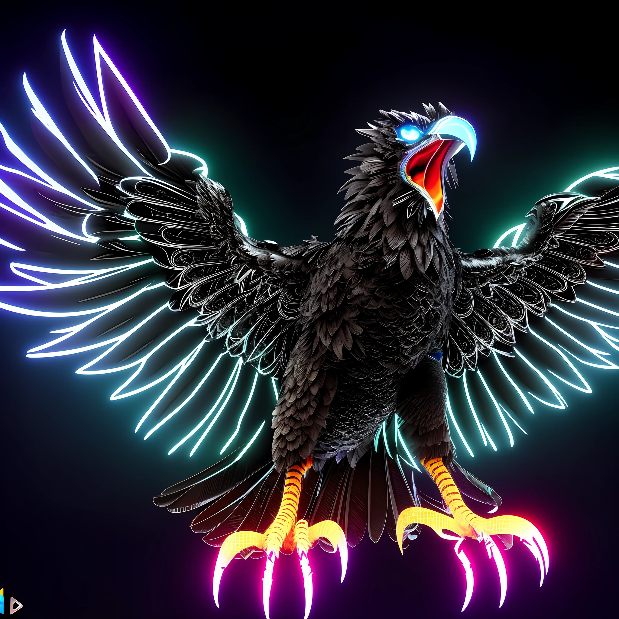 Brightly lit black bird with open wings and glowing claws, crow in cyber armour, Barlowe 8 K altamente detallado, foto de perfil 1024px, Brillante Neon Vray, Arte digital 3D 4K, Neon wings, black aarakocra eagle warlord, Aquila, plumas brillantes, Arte digital 3D detallado, Representado como un renderizado 3D, Hyperbeast Design
