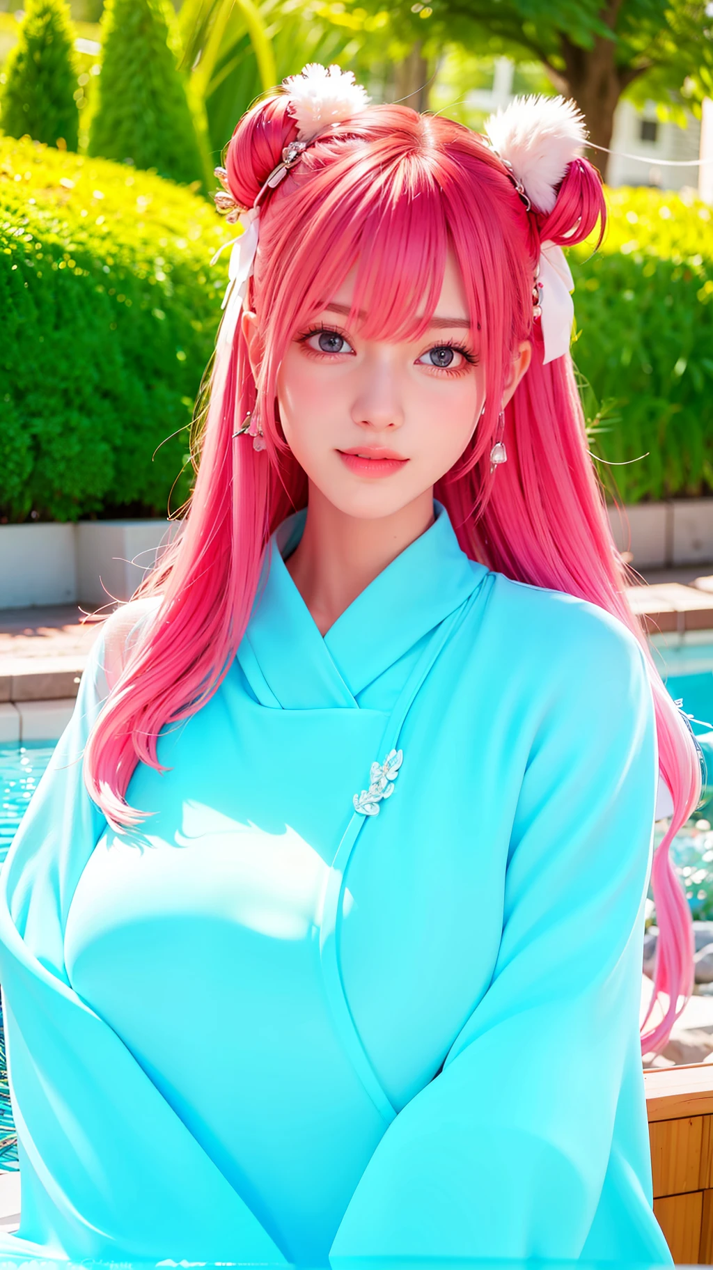 (8k, 4k, best qualtiy, A high resolution:1.2), (maasterpiece, realisticlying, photograph realistic:1.37), 1girl, solo, beauitful face, eyeslashes, nase, glossy lips, (Detailed eyes, looking at viewert, White skin of the, White skin of the:1.5), Delicate complexion,
Large of breast,plumw,,,
Outdoor hot spring,
two sides up,Absurdly long hair,blond hairbl,with pink hair,By bangs,hair adornments,Bow knot,
年轻,Getting older,