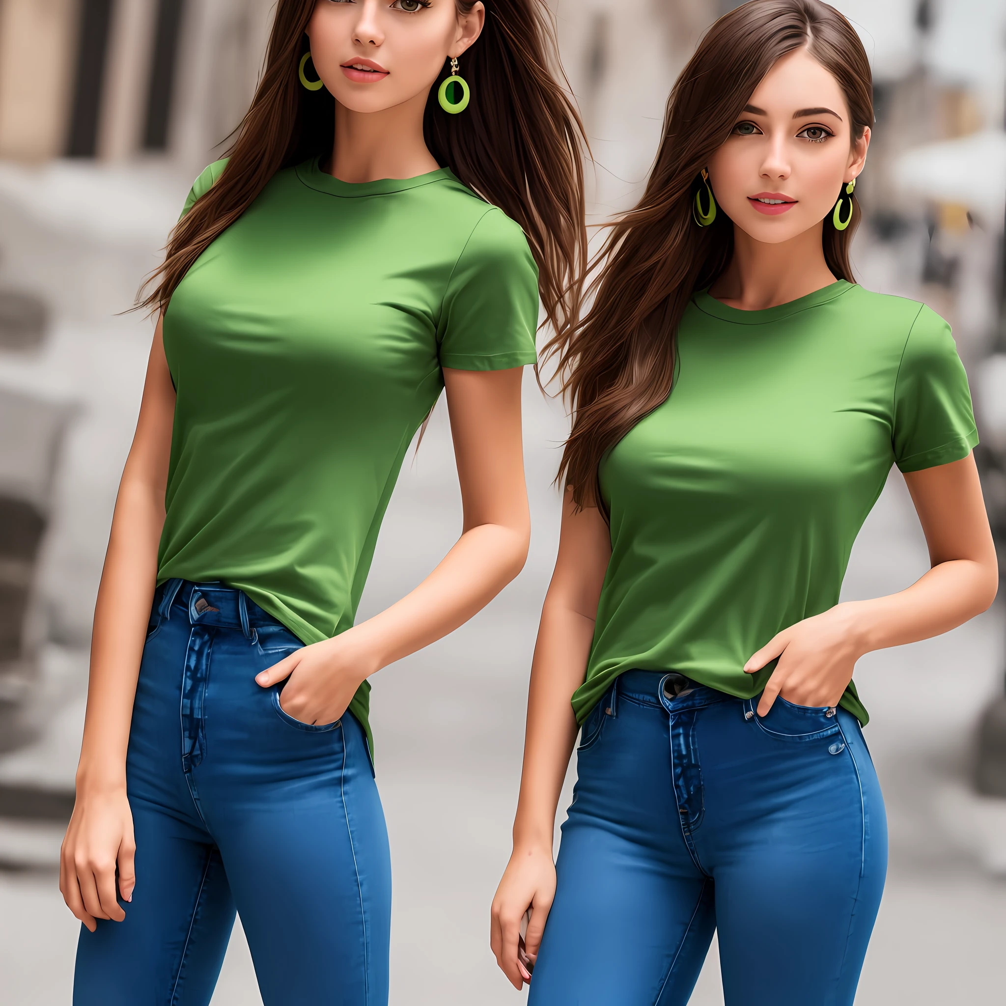 best quality, realistic, photorealistic, extremly detailed, an extremely delicate and beautiful, RAW photo, professional lighting, light on face, depth of field, ((a 19 years old girl,1 girl, solo)) dark brown hair, brown eyes, fashion girl, earrings, ponytail, beautiful eyes, medium breast,real face, real skin, realistic face, realistic skin, detailed eyes, detailed facial features, detailed clothes features, detailed face and breast, (in green round neck plain Tee-shirt, tight jeans perfect thighs and legs :1.3), (high heels: 1.5) full body, blue tight jeans, wait length basic tee-shirt, dynamic poses, looking at viewer, alluring,