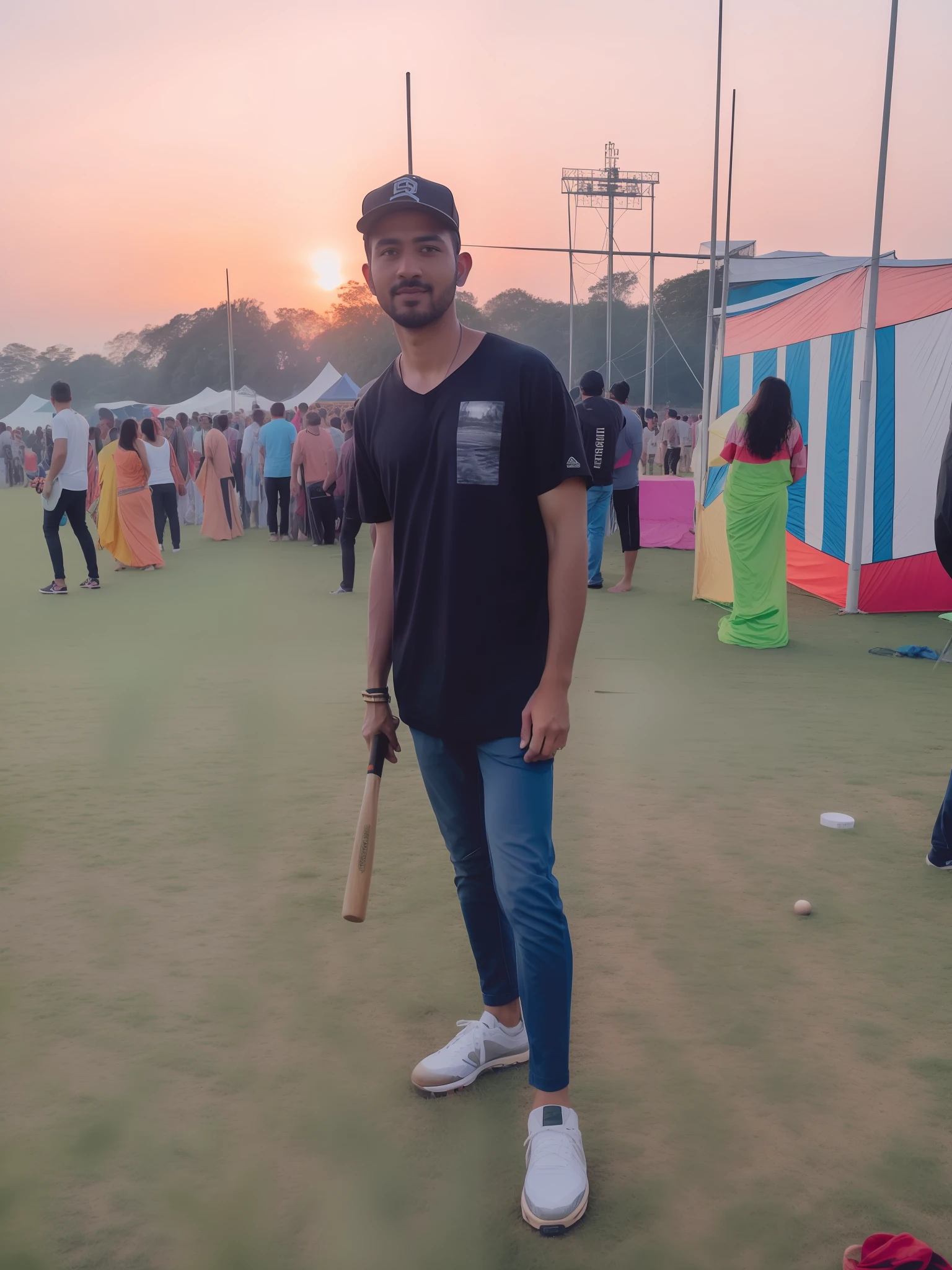 there is a man standing in a field with a baseball bat, very very low quality picture, with sunset, taken with the best dlsr camera, background is heavenly, during sunset, assamese aesthetic, a person at a music festival, candid picture, a photo of a man, full body picture, with backdrop of god rays, portrait mode photo