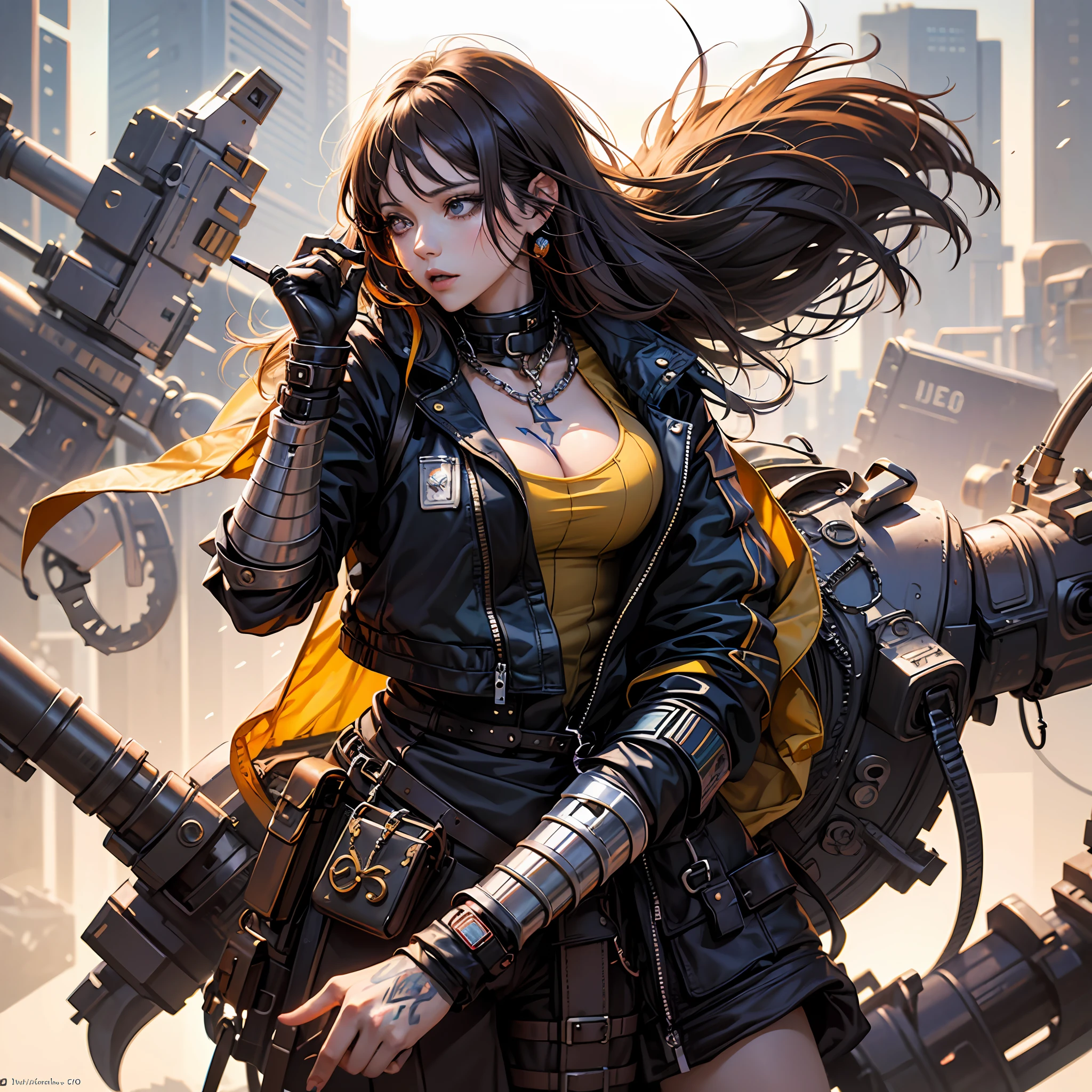 (1girll), (Large of breast), Sister, realisticlying, Lodge, Subordinate chains, Slave collar, Esclave, Slave costumes, brunette color hair, short  hair,1girll, with fair skin, Yusuke Murata-style art, Girl Alone, short  hair, brunette color hair, blue color eyes, Anime girl with tattoo on her arm, anime digital art, sexy anime girl, Female anime girl, anime artsyle , Muscular!, Great Opera , Ilya Kuvshinov, Badass anime 8 K, anime artsyle, Cube hair, Sexy Wear, track suit, very attractive, Sensual, --auto