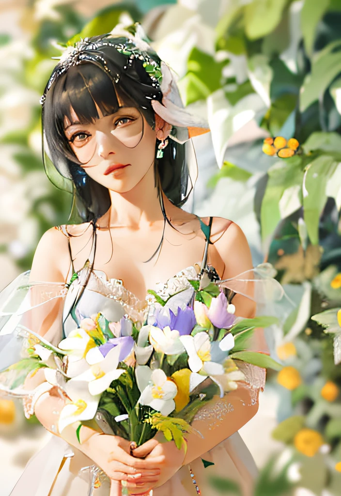 It is an art painting in the Guvez style，It depicts a Rapunzel princess wearing a yellow off-the-shoulder bandeau wedding dress，Flowers in hand，A garland is worn on his head，Background bokeh This is a detailed anime portrait，Similar to Rossi's portrait，Produced in an anime artist studio。The portrait shows the real girl of the kawaii，inspired by Yanjun Cheng，It shows amazing facial features。