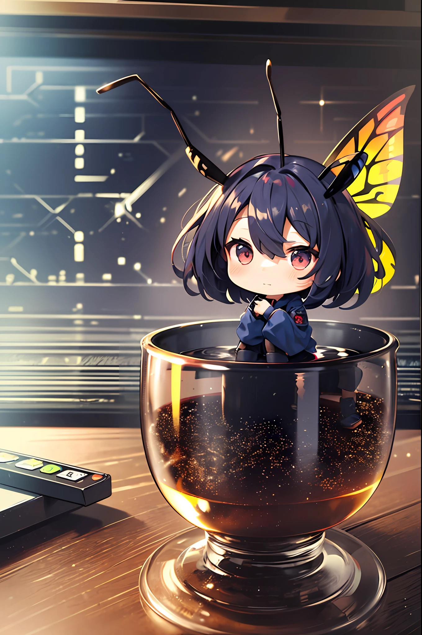 (Chibi: 1.3), strange face, full body, indoors, on the table, (bio punk), research facility, (A chibi character with insect antennae and wings), Nendoroid,