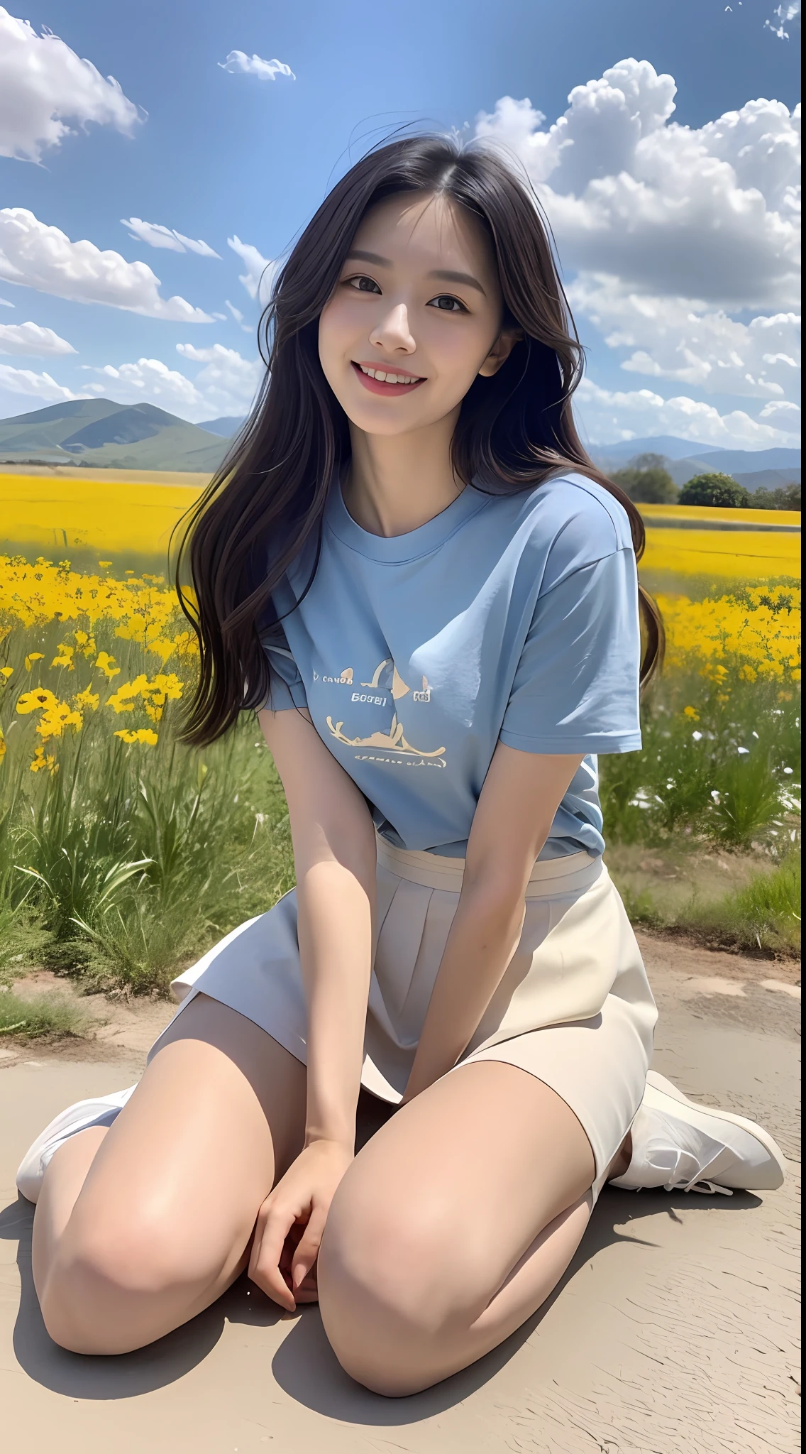A nice and cute girl,Full body photo,Extremely beautiful and delicate,Black color hair,A sweet smile,Delicate and beautiful fair skin,Realistic and realistic,exquisite and complete facial features,Detailed depiction of the face,tall nose bridge,Smooth hair,extremely detail hair,Feminine temperament,Fill your face light,Tall and tall,Thin,Realiy,Hyper-realism,full body shot shot,Forward tilt angle,Extreme picture quality,Highest precision,Precise and perfect human anatomy。with blue sky and white clouds,Sitting on the Steppe,with blue sky and white clouds,rays of sunshine,cattle and sheep,(T-shirt skirt) telephoto shot,Express the landscape,Highlight portrait。
