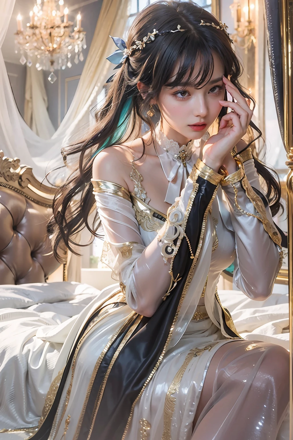 (masterpiece, best quality, CG:1.2), captivating young lady, (luxurious satin nightgown:1.1), (flowing fabric:1.2), (raven-black hair cascading:1.1), (deep mesmerizing eyes:1.2), playfully reclining in a lavish white bedroom, (sumptuous canopy bed:1.3), (ornate golden accents:1.2), (expansive city view through floor-to-ceiling windows:1.1), (soft ambient lighting:1.2), (elegant furniture and decor:1.1), a sense of opulence and indulgence, (dreamy expression:1.2), (relaxed posture:1.1), (subtle reflections and refractions:1.2), a moment of pure luxury, cinematic atmosphere.