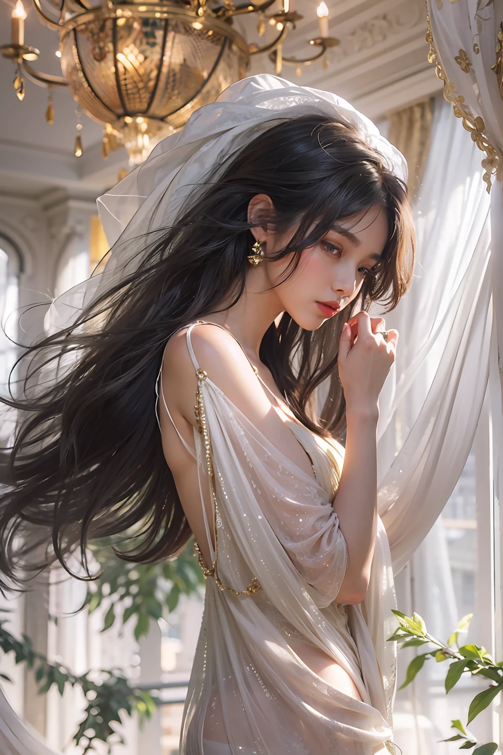 (masterpiece, best quality, CG:1.2), captivating young lady, (luxurious satin nightgown:1.1), (flowing fabric:1.2), (raven-black hair cascading:1.1), (deep mesmerizing eyes:1.2), playfully reclining in a lavish white bedroom, (sumptuous canopy bed:1.3), (ornate golden accents:1.2), (expansive city view through floor-to-ceiling windows:1.1), (soft ambient lighting:1.2), (elegant furniture and decor:1.1), a sense of opulence and indulgence, (dreamy expression:1.2), (relaxed posture:1.1), (subtle reflections and refractions:1.2), a moment of pure luxury, cinematic atmosphere.