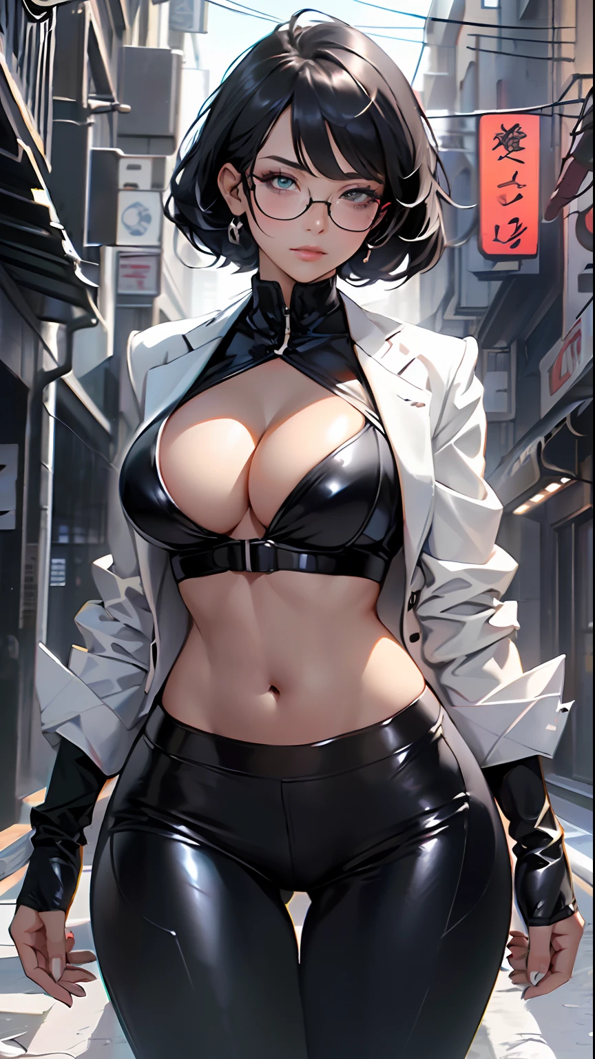 cute girl,(((1girl))),((anime girl with extremely cute and beautiful black hair walking seductively down the street)),

(Large breasts:1.4),(((black hair:1.35,colored inner hair,ear breathing,large hair, tomboy haircut))),((green eyes, perfect eyes, upturned eyes:1.3, beautiful detailed eyes, finely detailed beautiful eyes:1, big highlight on eyes:1.2, slanted eyes)), ((fat)),((lustrous skin:1.5,bright skin: 1.5,skin tanned,shiny skin,very shiny skin,shiny body,plastic glitter skin,exaggerated shiny skin))),(spider lower abdomen,narrow waist,wide hip,athletic body,inflated legs,delicate detailed fingers,detailed body,detailed arms,human hands, detailed hands),

cute,slutty,seductive,erotic,nsfw, 

((((glasses)))),(((wearing white formal blazer,black formal pants,))), (((huge cleavage))), (detailed outfit,detailed clothes),

(dynamic pose:1.0), solo focus, embarrassed, centered, scale to fit dimensions, Rule of thirds,

outdoors, ((night view)), (cyberpunk night street Background: 1.5,dark sky,alleyway,lonely alley,thick clouds, detailed background:1.25),

(best quality), (high resolution), (sharp focus), (ultra detailed), (extremely detailed), (extremely high quality artwork), 8k_wallpaper, (extremely detailed CG 8k),(very fine 8K CG), ((hyper super ultra detailed perfect piece)), flawless, (((masterpiece))), illustration, vibrant colors,  (intricate), High contrast, Selective lighting, Double exposure, HDR (High Dynamic Range), Post-processing, Background blur,