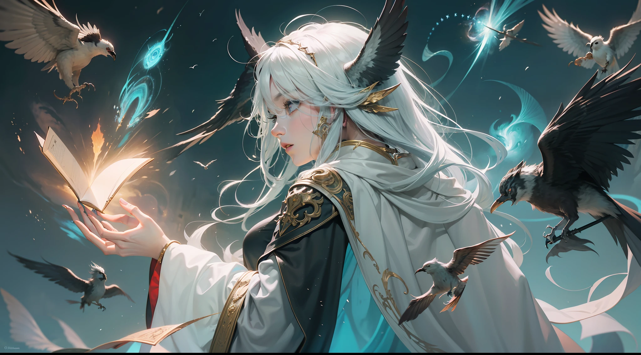 Magic Book,Blood,Night, Dark, (Fantasy),infinite,deep blue sky,The abyss of knowledge,Cowledge,((masutepiece)), (((Best Quality))),((Beautiful fine eyes)),(Eye lashes)、Beautiful girl riding a white tiger、(女の子1人)、Black hair、The long-haired、abyss eyes、glowy skin、oils、small tits、(Bird body、pluma)、Wizard robes、tattered cloth、Realistic coat、Teenchi、elvish、Super delicate CG Unity 32k wallpaper、masterpiece, ((ultra-detailliert)), ((illustratio)),colourfull,wall-paper,The energy,Unknown terror,Incomprehensible,Around the magic,Magical surroundings,magic wands,Boken,Flying pages,Know everything,Predict the future、Get to know the past、Infinite wisdom、blue flames、Warlock、magic circles、Pentagram、Spells、mantra、Singing magic