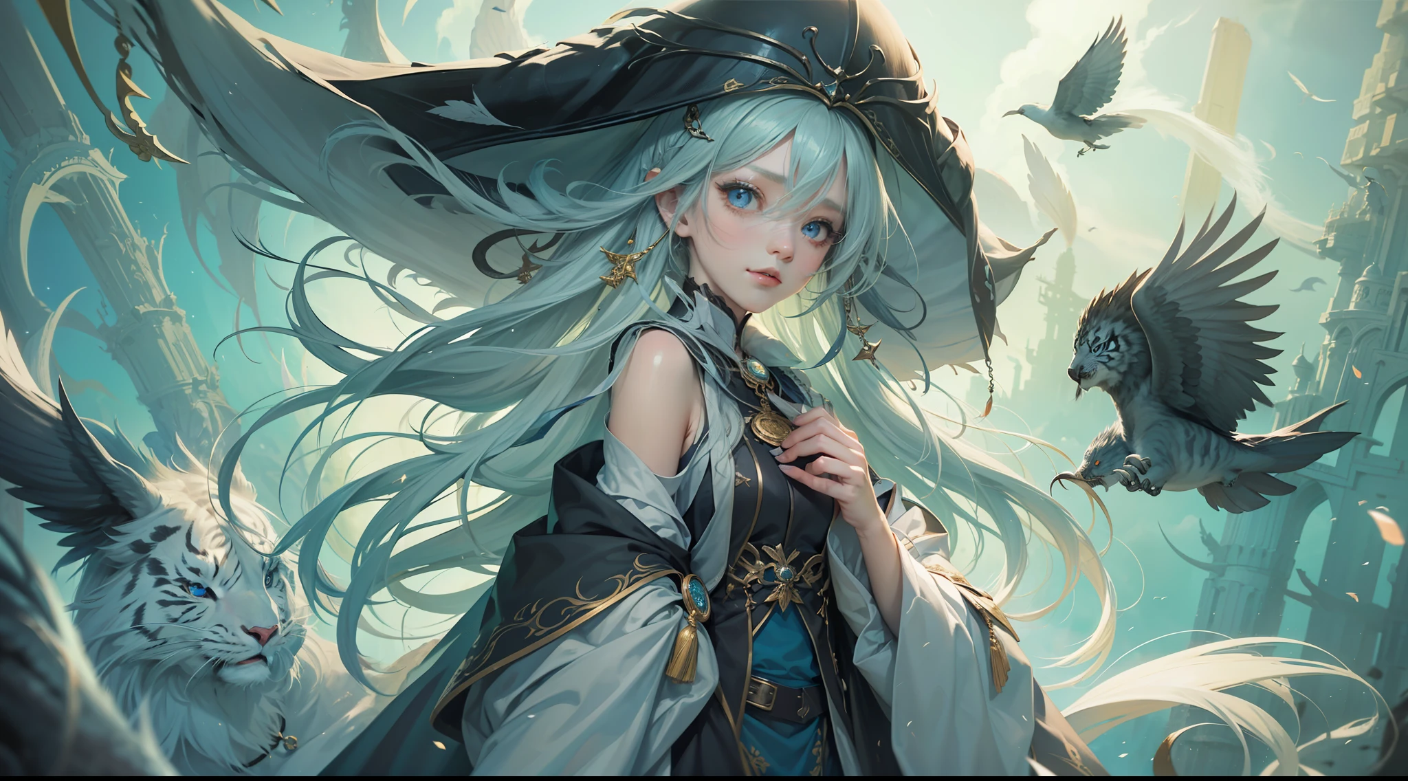 Magic Book,Blood,Night, Dark, (Fantasy),infinite,deep blue sky,The abyss of knowledge,Cowledge,((masutepiece)), (((Best Quality))),((Beautiful fine eyes)),(Eye lashes)、Beautiful girl riding a white tiger、(女の子1人)、Black hair、The long-haired、abyss eyes、glowy skin、oils、small tits、(Bird body、pluma)、Wizard robes、tattered cloth、Realistic coat、Teenchi、elvish、Super delicate CG Unity 32k wallpaper、​masterpiece, ((ultra-detailliert)), ((illustratio)),colourfull,wall-paper,The energy,Unknown terror,Incomprehensible,Around the magic,Magical surroundings,magic wands,Boken,Flying pages,Know everything,Predict the future、Get to know the past、Infinite wisdom、blue flames、Warlock、magic circles、Pentagram、Spells、mantra、Singing magic