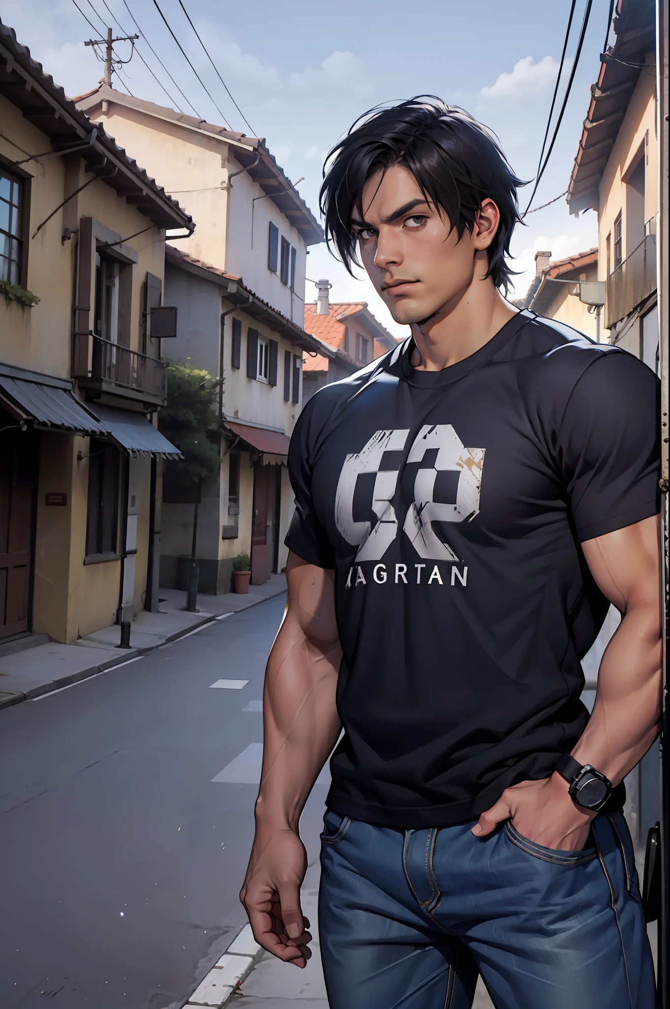 1 homem, adult, 40 anos, kyo kusanagi , sozinho, pele parda , musculoso, homem musculoso, magro, 1 60 altura hunk, ombro largo, cabelo escuro, penteado cortina, jaqueta de couro preto escuro couro, camiseta preta dentro, carro impala 76 visualizador olhando, alta resolução: 1.2, melhor qualidade, foto superior do corpo, estilo plano, Overcast sky and old Spanish village background, Nightime, low camera angle, volumeric lighting, profundidade de campo, sombra