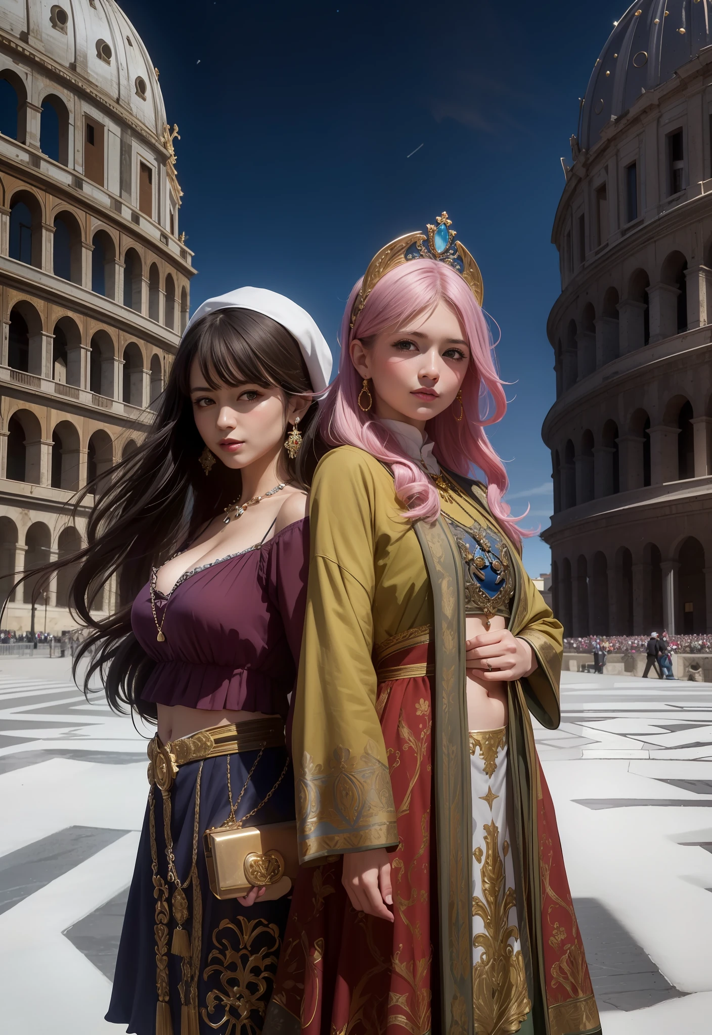 masterpiece, 4K, best quality, FELute, necklace, purple dress, (on the St. Peter's Square of Vatican,crowd,navel),bracers, cowboy shot, looking at viewer, smirk, hand up