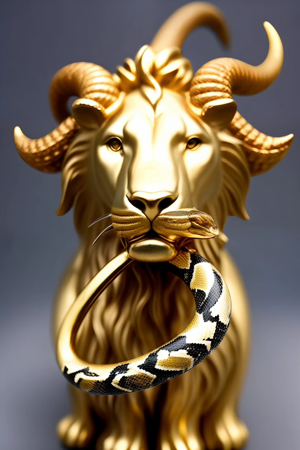 Lion with goat horn and a snake coiling in the horn