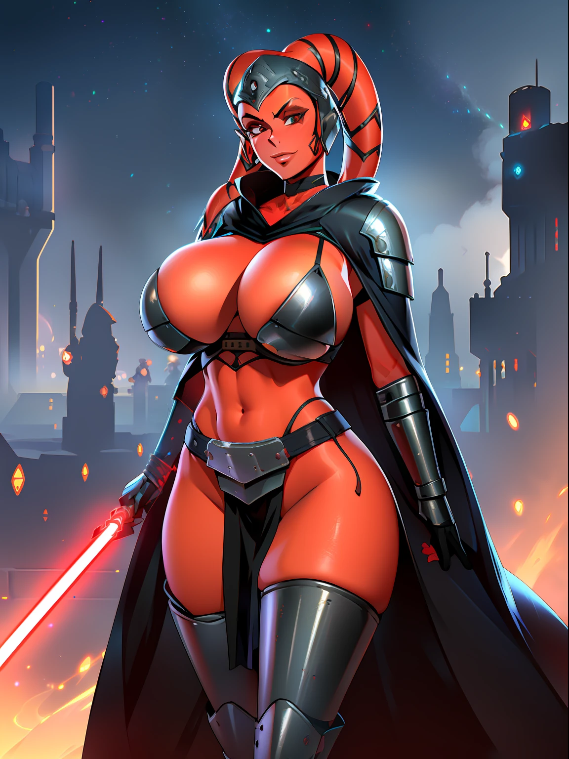 armor, busty, gigantic boobs, ((red skin), twi'lek), dual red lightsabers, evil space knight, space ninja, (wearing black robes, black stealth armor, breastplate, tunic, tabard, cowl, cloak, body glove, straps, buckles, skirts, long sleeves, fantasy, ((armor))), ((busty), slender body, thin, slim sexy body, slim waist, long legs, toned legs, (((gigantic breasts)))), Imperial starship, Star Wars,