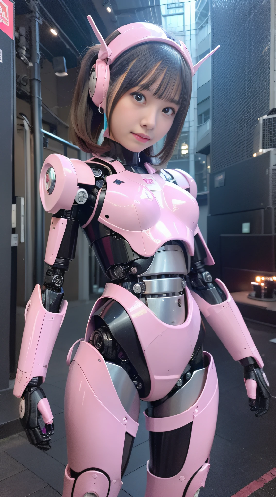 (Photorealsitic:1.4)、Onegirl、(top-quality),(hyperdetailed face)、(Super well-formed face)、((Robot Parts))、(Cyborg girl)、(pink there)、(metalic)、(fullllbody)、(Moe Pose)、(Slender body)、(tits out)、(Model body type)、(mecha exposure)、(akihabara)、(is looking at the camera)、(A dark-haired)、(9Head and body)、(a small face)、(Idol)、(front facing)、(is standing)、(Photo session)、(Looks sad)、(corrupted)、(Mender)